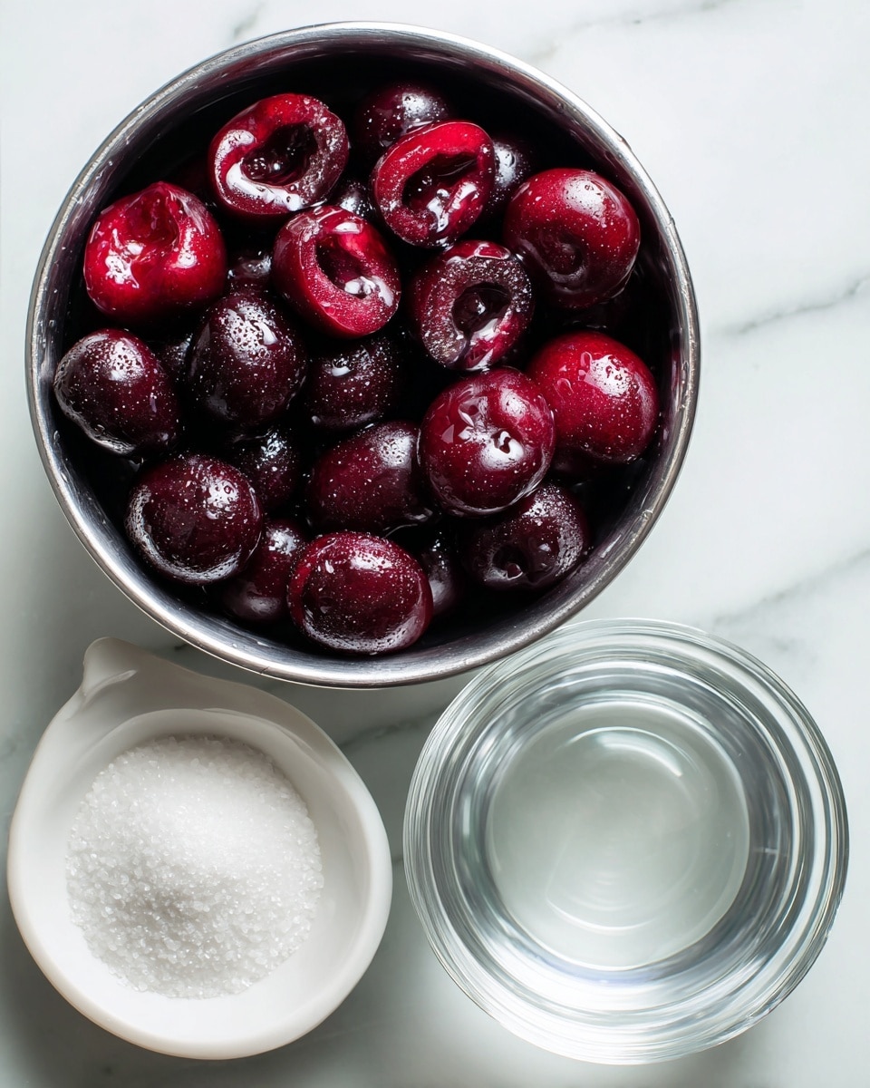 A metal bowl filled with dark red cherries that are cut in halves and some fully whole cherries, showing their shiny and wet texture. To the right of this bowl is a small white bowl filled with clear water, and below it is another white bowl filled with fine, white granulated sugar. All bowls are placed on a white marbled surface. photo taken with an iphone --ar 4:5 --v 7