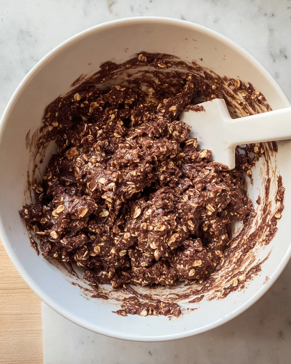 The image shows a close-up of thick, chunky chocolate oat cookie dough mixed in a white bowl. The dough has a dark brown color with visible light brown rolled oats spread evenly throughout. The texture looks dense and sticky, with some parts clinging to the sides of the bowl. A white spatula with a flat edge is partially stuck in the dough on the right side, with bits of dough on its surface. The bowl sits on a white marbled surface. Photo taken with an iphone --ar 4:5 --v 7