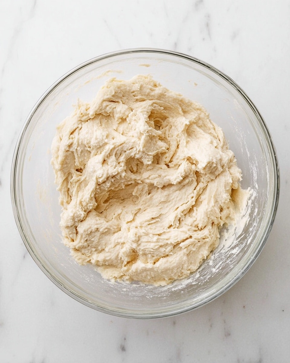 A clear glass bowl sits on a white marbled surface, filled with a thick, sticky dough that is creamy off-white in color. The dough has a rough, uneven texture with some lumps and folds visible across the surface, suggesting it is freshly mixed and soft. The bowl is transparent, showing the dough pressed slightly against its sides. The overall look is simple and natural, focusing on the dough's texture. photo taken with an iphone --ar 4:5 --v 7