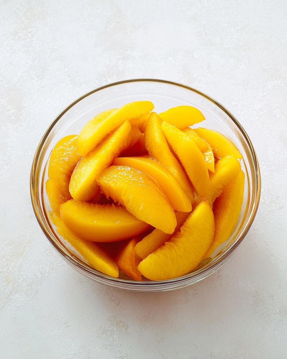 A clear glass bowl filled with many slices of yellow peaches that have a soft, juicy look with a light orange shine. The peach slices are thin and layered unevenly, showing their slightly curved edges and smooth, wet surfaces. The bowl sits on a white marbled textured surface, bright and clean, with a soft shadow under the bowl. photo taken with an iphone --ar 4:5 --v 7