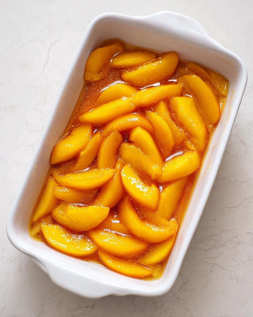 The image shows a white rectangular baking dish filled with sliced yellow peaches. The peach slices are arranged loosely and covered in a shiny, syrupy liquid that pools slightly around them. The surface on which the dish sits has a white marbled texture. The texture of the peach slices looks soft and juicy, with a bright warm yellow color and some orange hues from the syrup. photo taken with an iphone --ar 4:5 --v 7