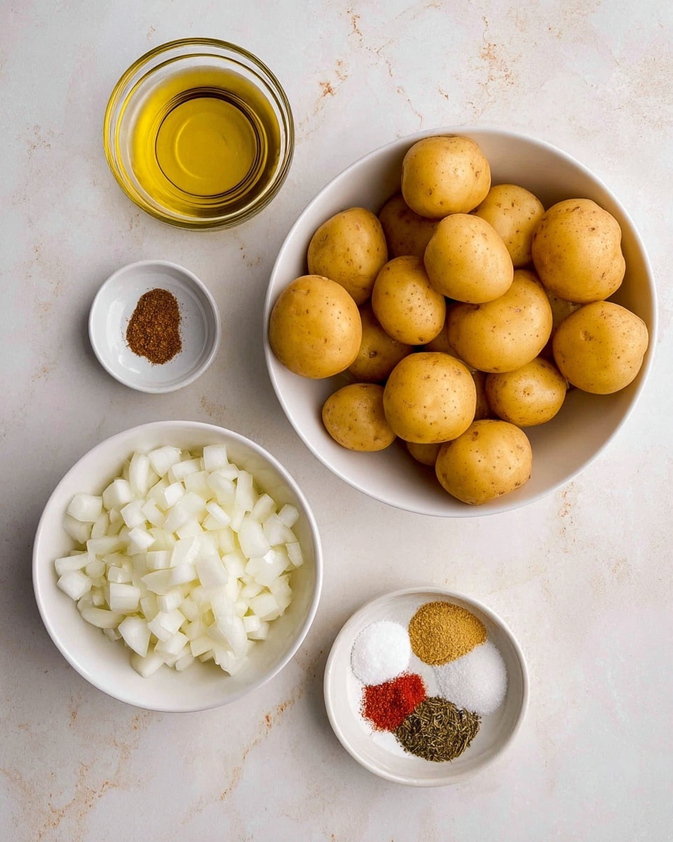 The image shows four white bowls on a white marbled surface. The top right bowl is filled with many small, smooth, yellowish-brown potatoes. Below it, on the left, there is a bowl with white chopped onion pieces. To the left of the potatoes bowl, there is a small glass bowl with golden olive oil. On the lower right side, a small bowl holds five different dry spices arranged in neat piles, including red, white, black, light yellow, and greenish-brown colors. The whole setting is simple and clean, with soft lighting. photo taken with an iphone --ar 4:5 --v 7