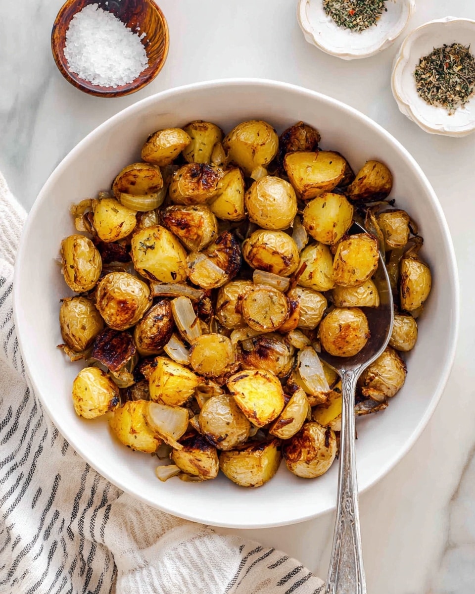 A white bowl filled with roasted small potatoes and onion pieces. The potatoes are golden brown with some darker roasted spots, showing a crispy texture. The onion pieces are slightly translucent and lightly browned, mixed evenly throughout the potatoes. A silver spoon rests inside the bowl, holding a scoop of the potato and onion mix. The scene is set on a white marbled surface with two small bowls nearby, one containing salt and the other with black pepper, and a white and gray striped cloth visible to the side. photo taken with an iphone --ar 4:5 --v 7