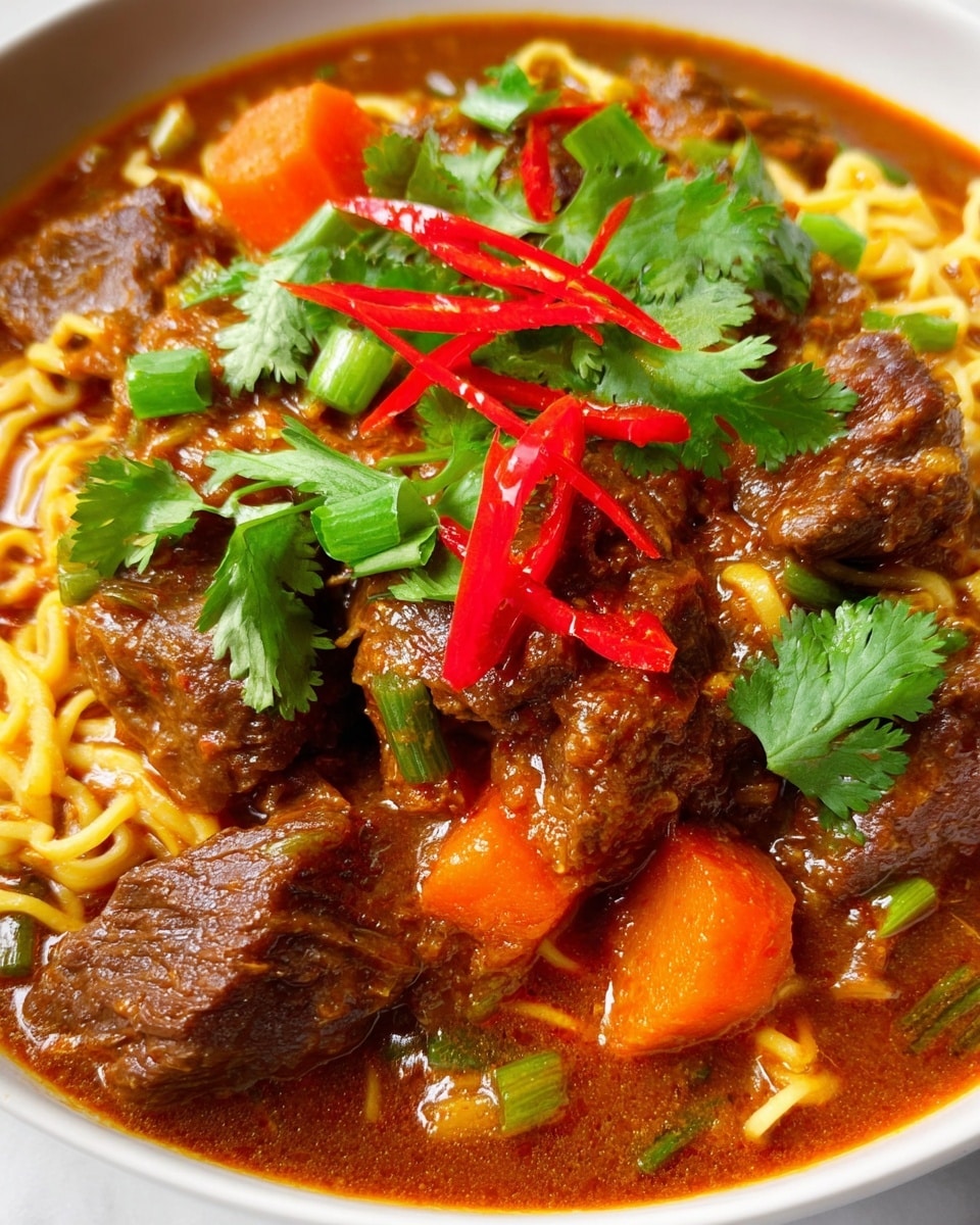 A close-up view of a white bowl filled with a rich brown stew layered over yellow noodles. The stew contains dark brown pieces of meat, bright orange chunks of carrot, and green pieces of scallion, all mixed in a thick, textured sauce. Thin strips of red chili are scattered on top, along with fresh green cilantro leaves that add a pop of color. The white marbled background enhances the vibrant colors of the dish. photo taken with an iphone --ar 4:5 --v 7