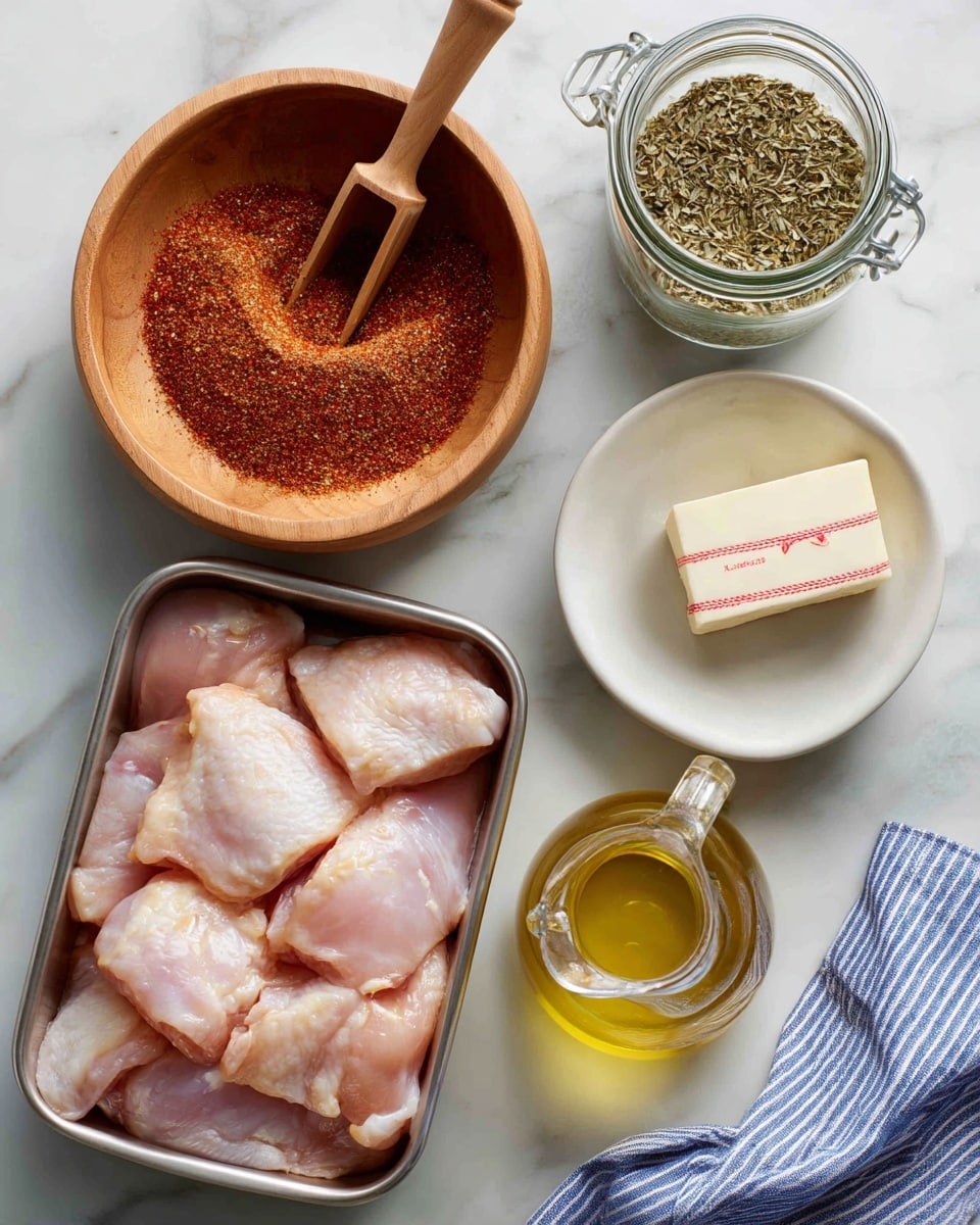 The image shows raw chicken pieces in a silver metal tray on a white marbled surface. Above the tray, there is a wooden bowl filled with reddish-brown blackened seasoning, with a small wooden scoop resting inside it. To the upper right, a clear glass jar with a handle contains greenish dried herbs. Below this jar, a white bowl holds a rectangular stick of butter with red markings on the paper. Next to the bowl, a clear glass pitcher with a wooden stopper is filled with light yellow oil. A blue and white striped cloth is partially visible at the bottom right corner of the image. photo taken with an iphone --ar 4:5 --v 7