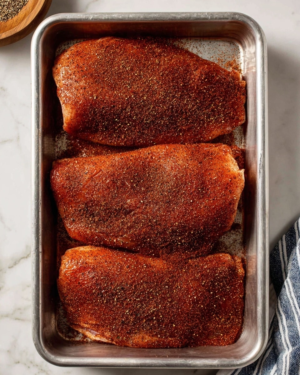 A metal baking tray filled with three large raw meat pieces, each covered evenly with a dry, reddish-brown spice rub that has flecks of herbs and black pepper visible on the surface. The pieces are placed side by side, filling the tray almost completely, the meat texture smooth but slightly curved around the edges. The tray sits on a white marbled surface with a striped cloth partially visible in the bottom right corner, adding a casual kitchen feel. photo taken with an iphone --ar 4:5 --v 7