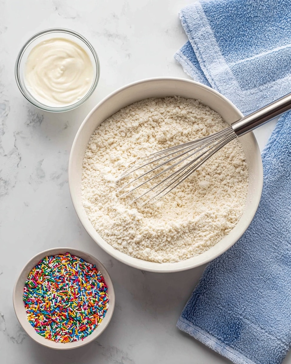 A white bowl filled with a dry, light beige flour mixture with a metal whisk resting inside, the texture loose and powdery with small clumps. To the left, a clear glass cup holds a creamy white substance with a smooth texture. On the right side, a small white bowl contains bright, colorful sprinkles in red, blue, green, yellow, and orange, with a mix of shapes. A blue and white towel is casually folded in the upper right corner, all placed on a white marbled surface. photo taken with an iphone --ar 4:5 --v 7