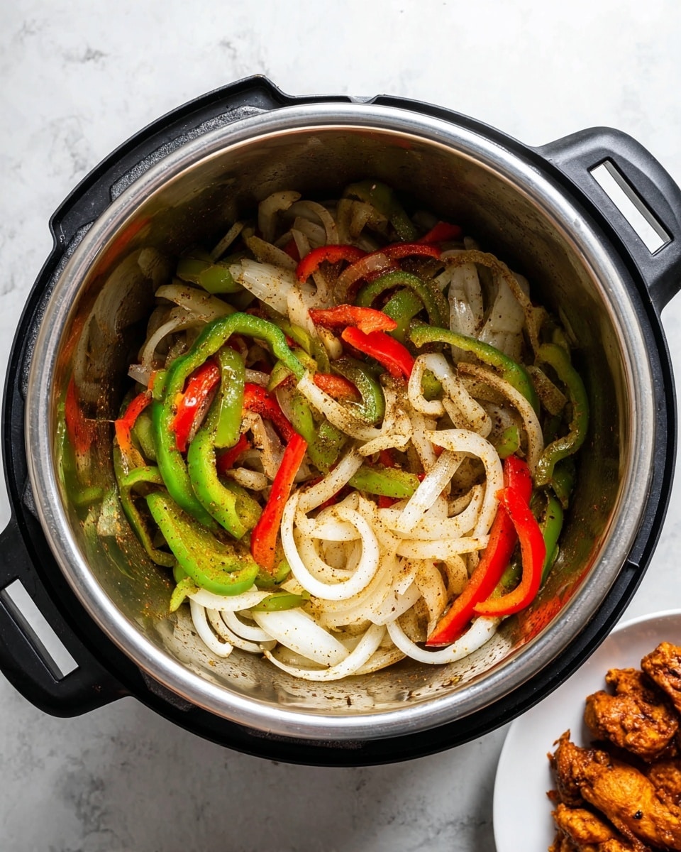 Inside a stainless steel pot with black handles, there is a mix of cooked vegetables. The bottom layer is made of thin, curved white onion slices with a slightly soft texture and some black seasoning. On top of the onions, there are green and red bell pepper rings that look soft and shiny, mixed together. The pot is sitting on a surface with a white marbled texture, and next to it on the right, there is a white plate with pieces of cooked, seasoned chicken that have a dark orange color. The photo is taken with an iphone --ar 4:5 --v 7
