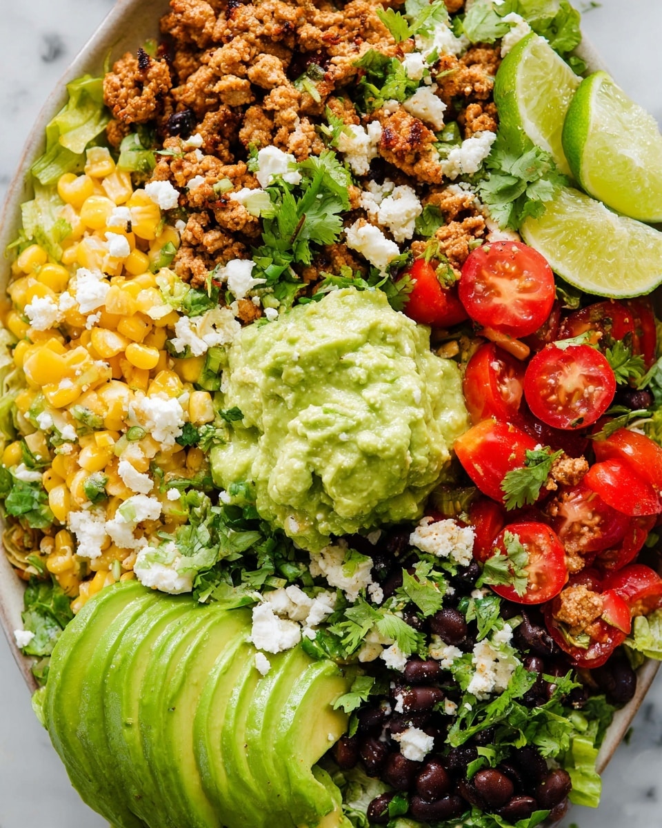 This close-up shows a colorful dish layered with many ingredients on a white marbled surface. Starting from the bottom left, there is a neatly fanned layer of sliced pale green avocado. Moving up, bright yellow corn kernels are scattered next to thin, light toasted strips. In the center, a generous dollop of smooth green guacamole with a creamy texture sits surrounded by chopped bright red cherry tomatoes with visible seeds. Crumbled white cheese is sprinkled around the edges, mixed with fresh green chopped cilantro and scallions. On the upper left and right sides, cooked ground meat mixed with black beans adds a rough, crumbly light brown texture. Two lime wedges peek at the top right corner. The whole dish is vibrant, fresh, and inviting. Photo taken with an iphone --ar 4:5 --v 7