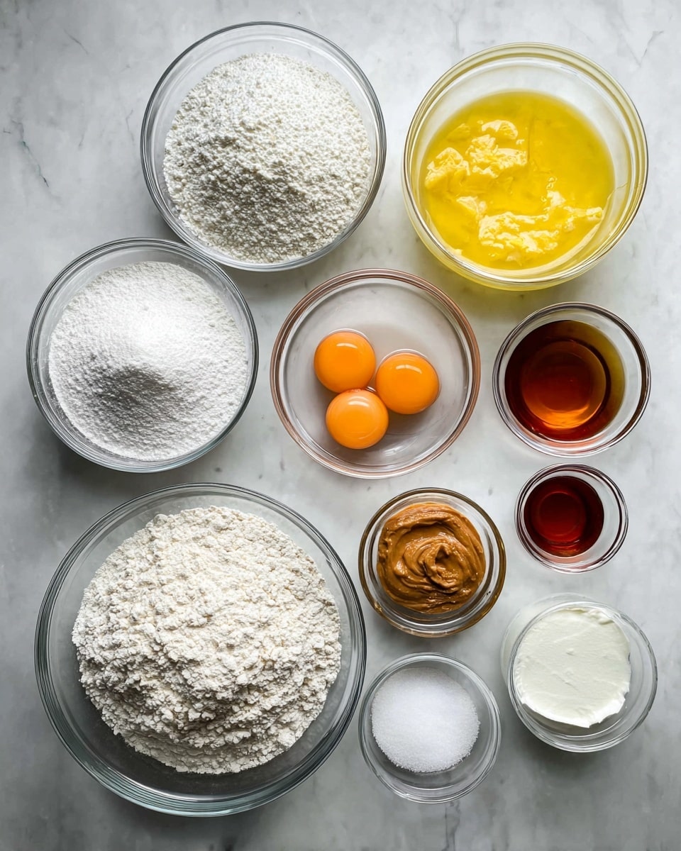 A top view of ten clear glass bowls placed on a white marbled surface, each holding different baking ingredients. The largest bowl filled with white flour sits near the bottom center. To its left and above are smaller bowls with white powdery ingredients of varying textures. On the top left is a clear bowl full of white granulated sugar. The top middle features a large bowl of bright yellow melted butter. Below that to the right is a small bowl containing brown peanut butter or similar spread. Next to it on the right is a bowl with two raw eggs showing bright orange yolks. To the far right are three smaller bowls, one with dark amber liquid, one with a small amount of white milk, and one with white salt or baking powder. The arrangement is neat and spaced evenly. Photo taken with an iphone --ar 4:5 --v 7