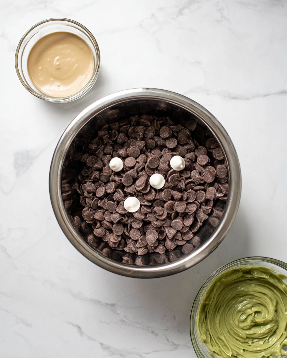 A shiny metal bowl sits in the center on a white marbled surface, filled with a large pile of dark brown chocolate chips topped with small dollops of solid white coconut oil. In the upper left corner, a small clear glass bowl holds light tan creamy sauce, and in the upper right corner, another clear glass bowl contains thick green mixture with visible swirls on the surface. The scene is well-lit with soft natural light, showing different textures and colors clearly, photo taken with an iphone --ar 4:5 --v 7