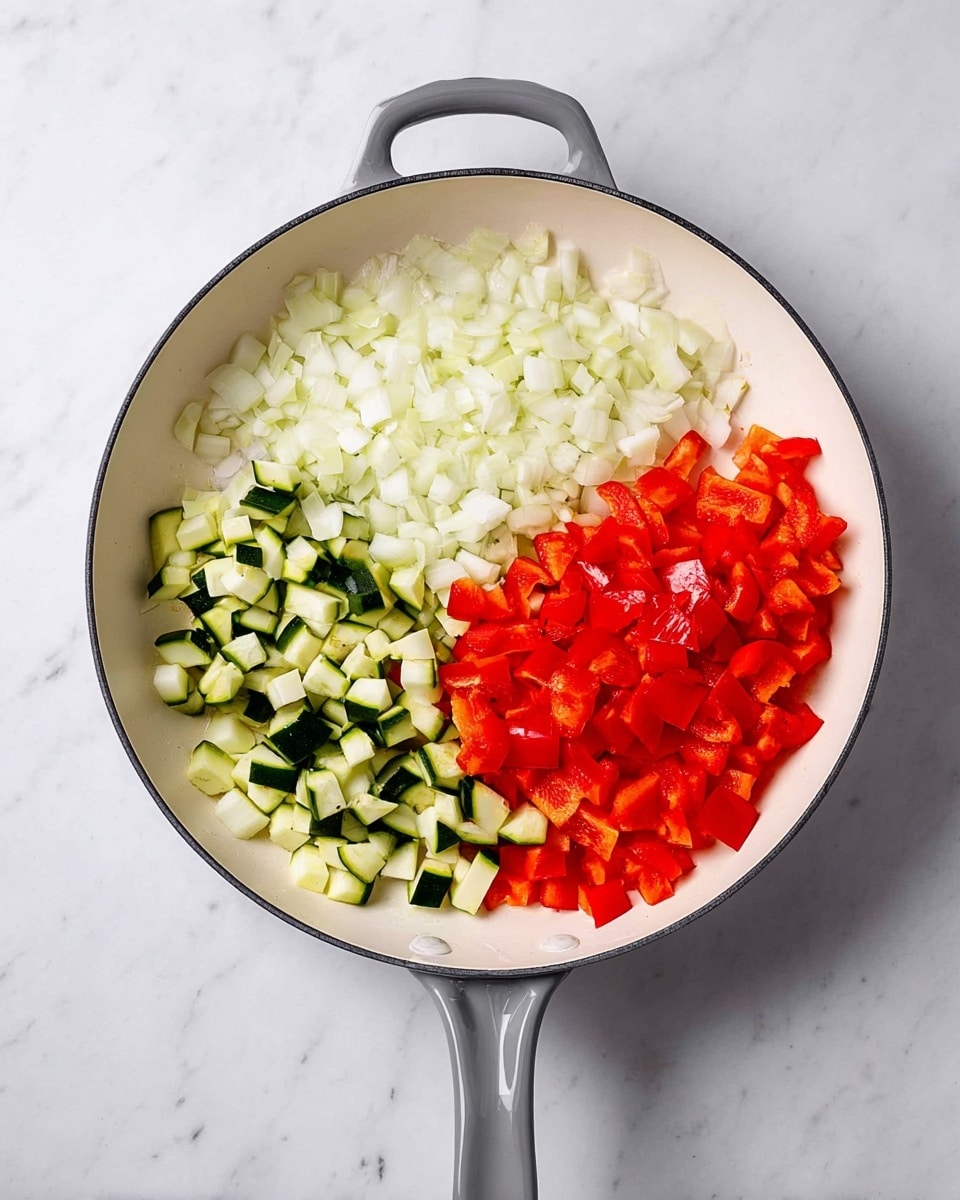 A white pan with a gray handle sits on a white marbled surface. Inside the pan are three sections of chopped vegetables arranged side by side, filling the pan evenly. On the left side, there is a layer of small white onion pieces with a soft texture. On the top right, a layer of green zucchini cubes with light green and dark green patches. On the bottom right, there is a layer of bright red bell pepper pieces with a fresh and crisp appearance. Each vegetable is clearly separated from the others, creating a colorful and fresh look. photo taken with an iphone --ar 4:5 --v 7