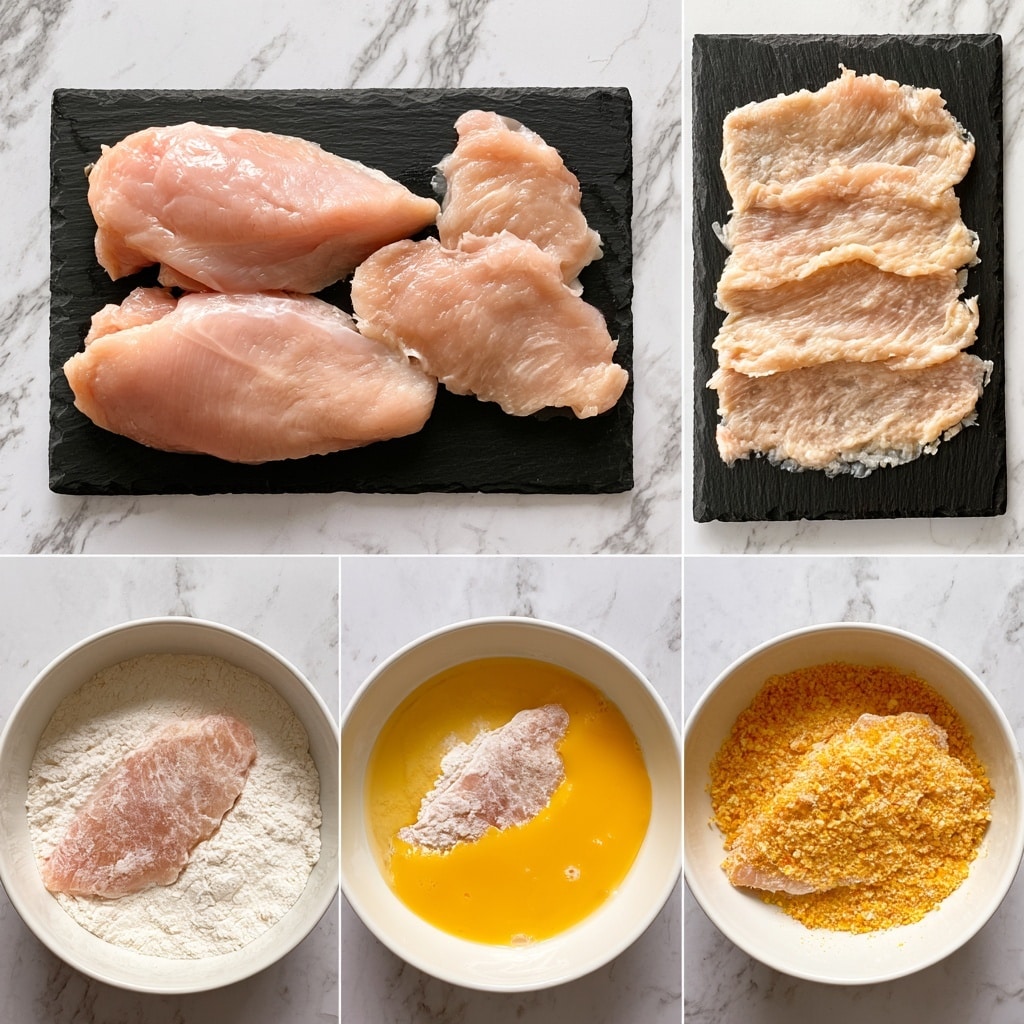 The image shows five steps of preparing chicken. Step 1 has two raw, pale pink chicken pieces on a black slate board over a white marbled surface. Step 2 shows the chicken pieces flattened, with four thin, wider pieces laid flat on the black slate board. Step 3 shows one piece of the flattened chicken placed on white flour inside a white bowl. Step 4 shows the same flour-coated piece of chicken dipped in a bowl with a yellow beaten egg mixture. Step 5 shows the chicken piece now coated with breadcrumbs in the white bowl. photo taken with an iphone --ar 4:5 --v 7