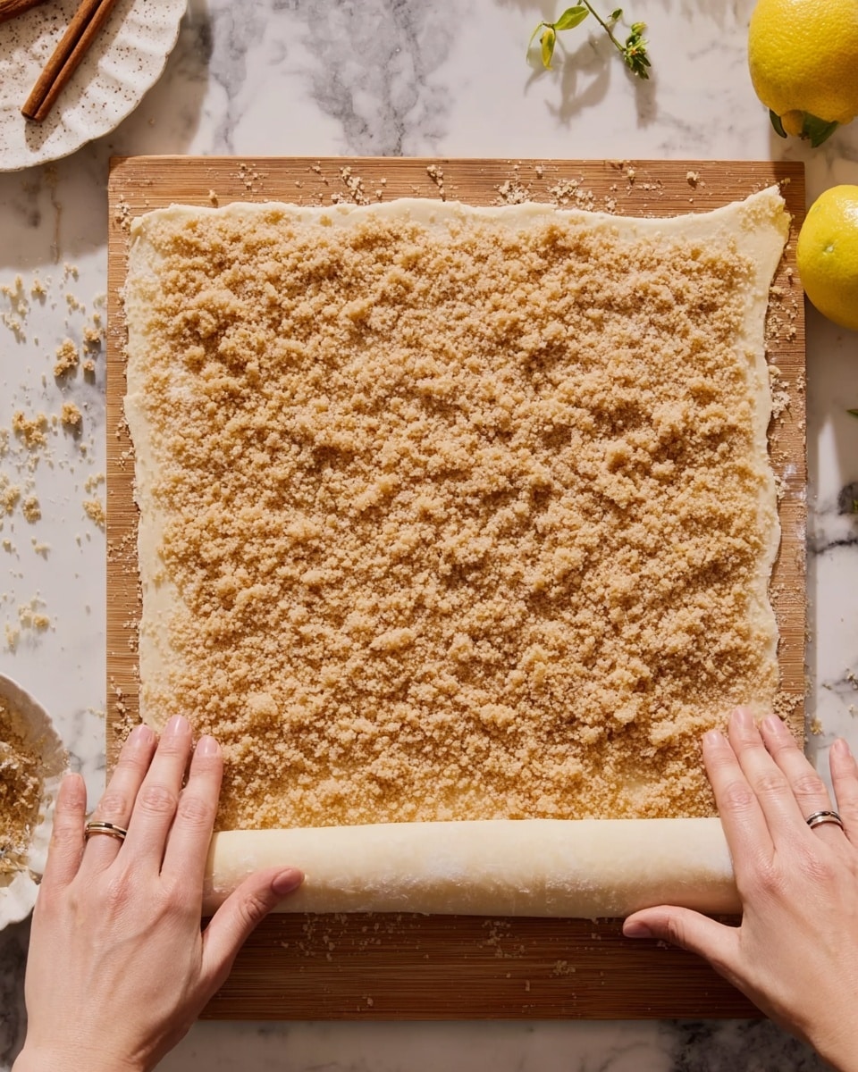 A square flat layer of light dough is laid out on a wooden board, spread evenly with a crumbly light brown mixture on top, covering the surface except for the edges. At the bottom edge, a pair of woman's hands with silver rings are rolling the dough upwards, creating a tight rolled edge. Scattered crumbs are around the dough on the board, with a white round dish holding a cinnamon stick on the left and a bright yellow lemon on the right, all set on a white marbled surface. Photo taken with an iphone --ar 4:5 --v 7