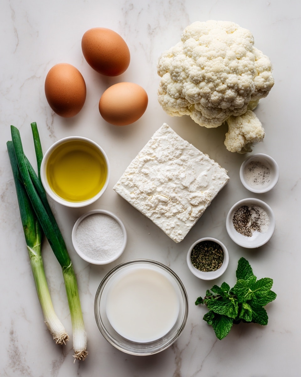 The image shows ingredients placed on a white marbled surface; two brown eggs lie on the top left, with a large white block of feta cheese positioned just below them. To the right of the cheese, a small bowl holds extra virgin olive oil, while a piece of cauliflower is placed above the oil. Below the cauliflower and oil, there is a small cup of milk. In the center sits a clear bowl filled with white all-purpose flour, and surrounding it are small dishes containing salt and pepper, dried oregano, and baking powder, each with different textures of white, greenish, and speckled light brown. On the left side, three green spring onions with white bulbs lie diagonally, and on the bottom right, a small bunch of fresh mint leaves with deep green color is visible. All items are clearly spaced showing their natural colors and textures against the clean white marbled background. Photo taken with an iphone --ar 4:5 --v 7