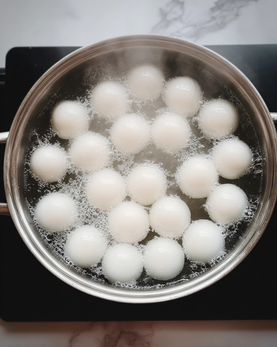 A metal pot filled with clear boiling water that has many smooth white round balls floating in it, arranged in a loose pattern all over the surface, with small bubbles and steam rising from the water. The pot sits on a black cooking surface, and the background is a white marbled texture. photo taken with an iphone --ar 4:5 --v 7