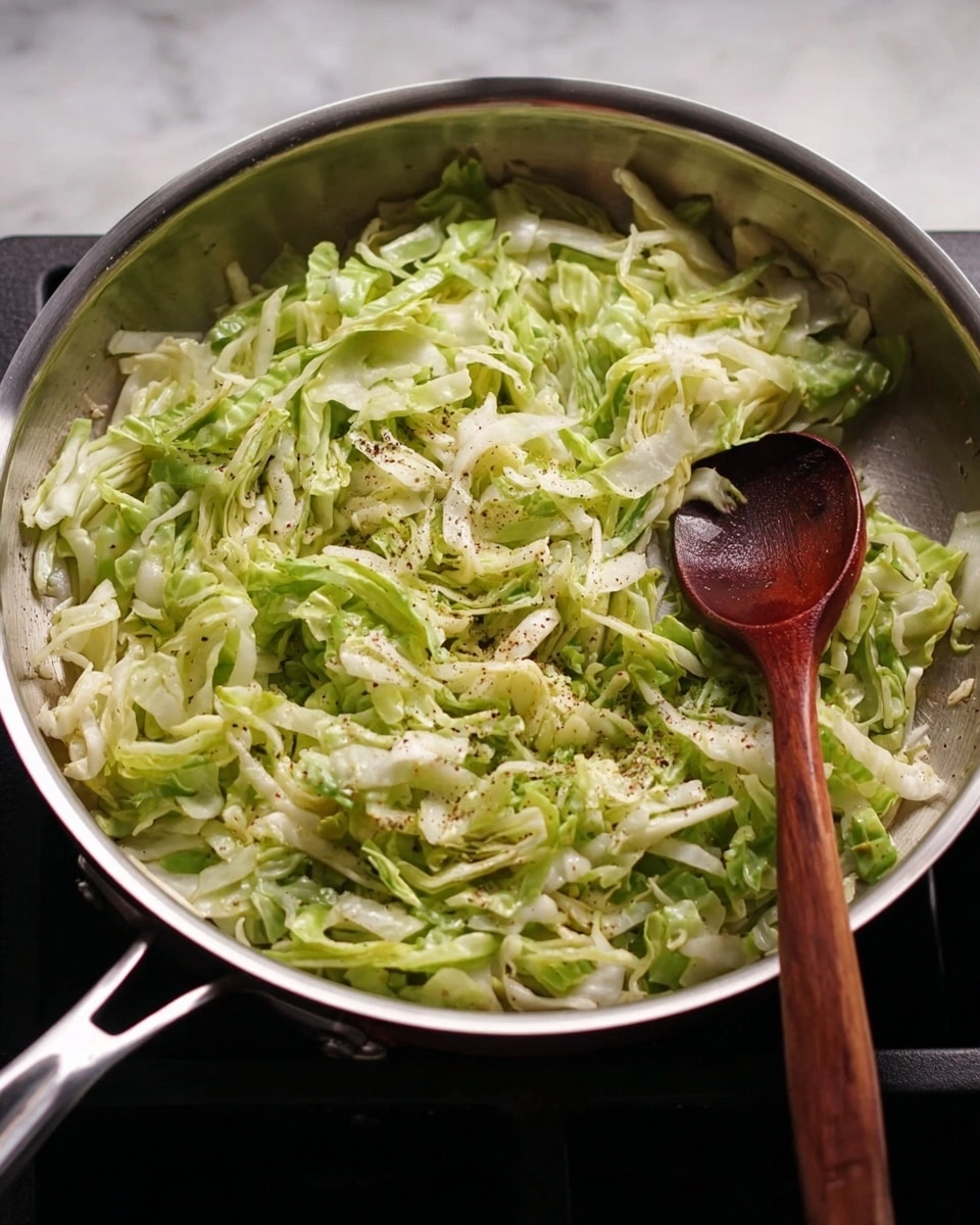 A round silver metal frying pan sits on a stove with thinly sliced green cabbage spread evenly inside. The cabbage layers show a mix of light and dark green shades with some white parts. Small black pepper grains are sprinkled on top. A dark red wooden spoon rests inside the pan on the right side, slightly lying over the cabbage. The background is a white marbled texture. Photo taken with an iphone --ar 4:5 --v 7