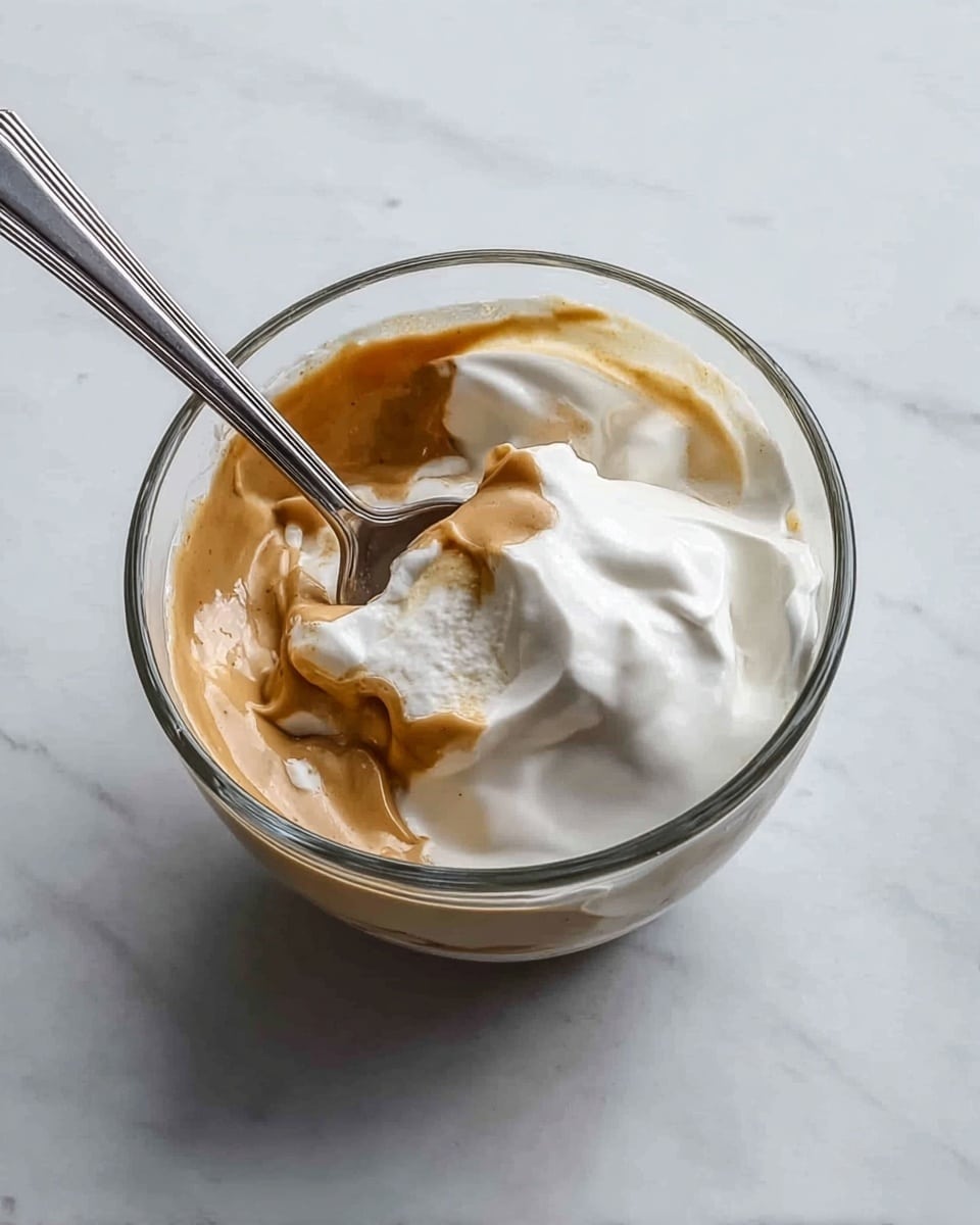 A clear glass bowl filled with two main layers: the bottom layer is smooth and light brown with a creamy texture, and the top layer is thick and white, looking soft and whipped. A metallic spoon is dipped into the bowl, showing a mix of both layers on it. The bowl is placed on a white marbled surface. photo taken with an iphone --ar 4:5 --v 7