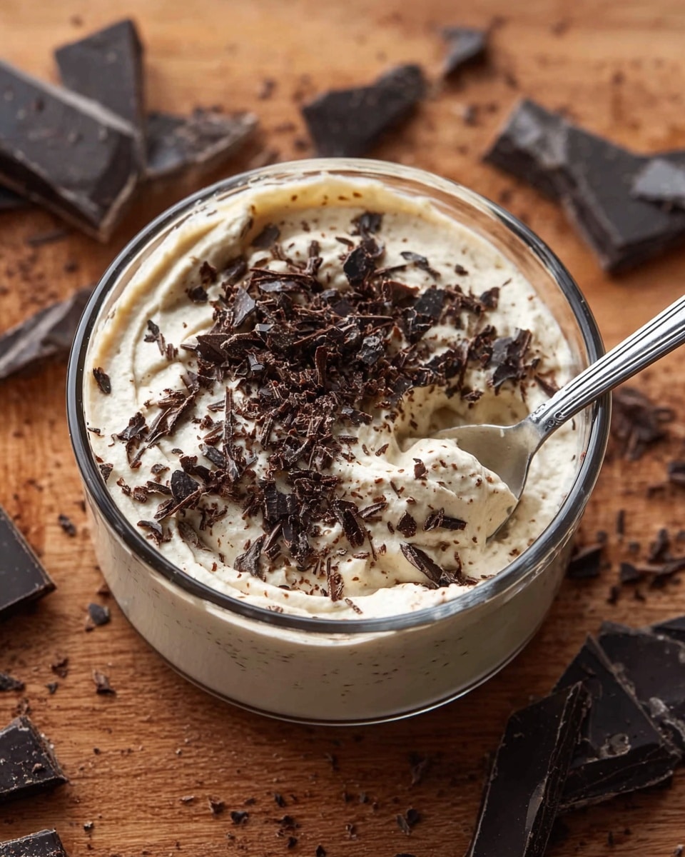 A clear glass bowl filled with a creamy, light beige dessert that has a smooth yet slightly textured surface. The top is sprinkled with uneven dark chocolate chunks and fine chocolate shavings, creating a contrast on the light cream. A metal spoon is partially dipped into the dessert, resting slightly off-center, with some cream clinging to it. The bowl sits on a wooden surface scattered with more pieces of dark chocolate. The overall look feels rich and inviting. photo taken with an iphone --ar 4:5 --v 7