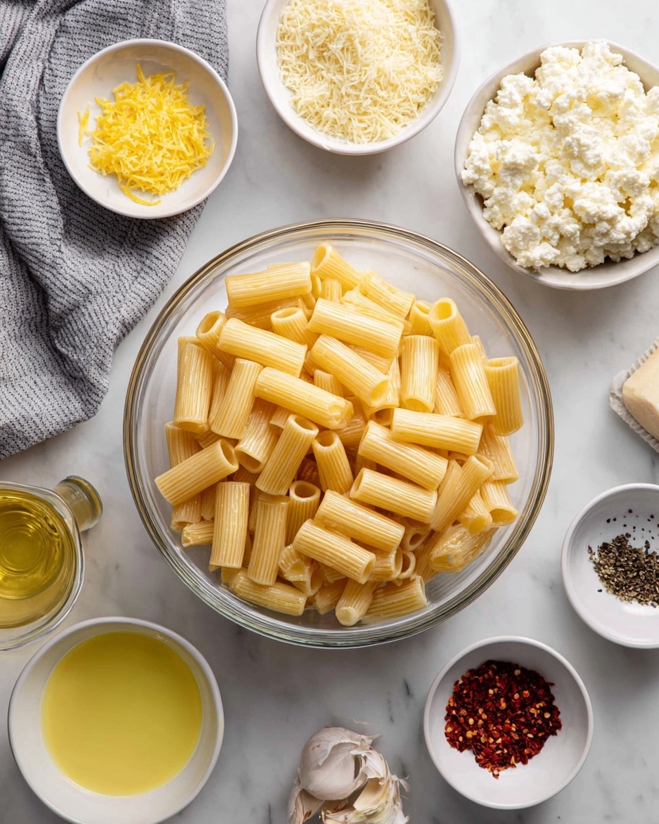 A clear glass bowl filled with dry rigatoni pasta is in the center on a white marbled surface, surrounded by smaller white bowls holding different ingredients. At the top right, a white bowl is heaped with smooth ricotta cheese showing creamy texture. At the top left, there is a white bowl with finely grated Parmesan cheese, light beige and fluffy. Below that is a small white bowl with bright yellow lemon zest. To the bottom left, there is a white bowl filled with pale yellow lemon juice. Towards the bottom center, a small white bowl contains salt and black pepper. On the right side near the center, a clear glass measuring cup holds golden olive oil. Above that, a small white bowl holds minced garlic with a slightly rough texture. At the bottom right, a white bowl contains red chili flakes. A gray striped cloth is placed casually near the top left corner. The scene is well lit, giving a fresh and clean feel. Photo taken with an iphone --ar 4:5 --v 7