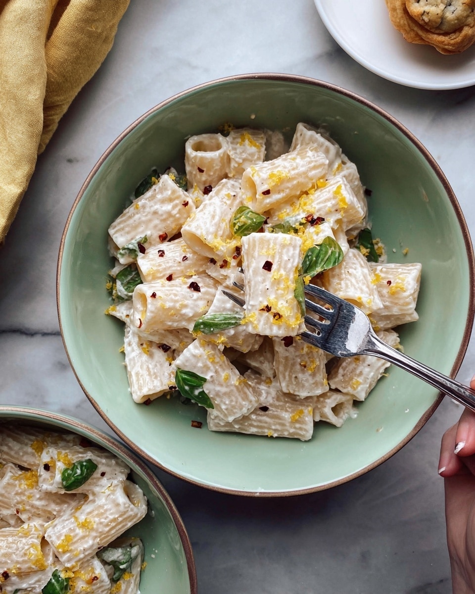 The image shows a pale green bowl filled with rigatoni pasta covered in a white creamy cheese sauce. The pasta pieces have a slightly ridged texture and are mixed with small green basil leaves and tiny red chili flakes. There are visible bits of yellow zest scattered on top of the pasta, adding a bit of color contrast. A woman's hand is holding a fork with three pieces of pasta lifted above the bowl. Next to this bowl, there is another pale green bowl filled with more of the same pasta and a fork resting inside. The background is a white marbled texture with a white plate holding a small pastry in the top right corner. Photo taken with an iphone --ar 4:5 --v 7