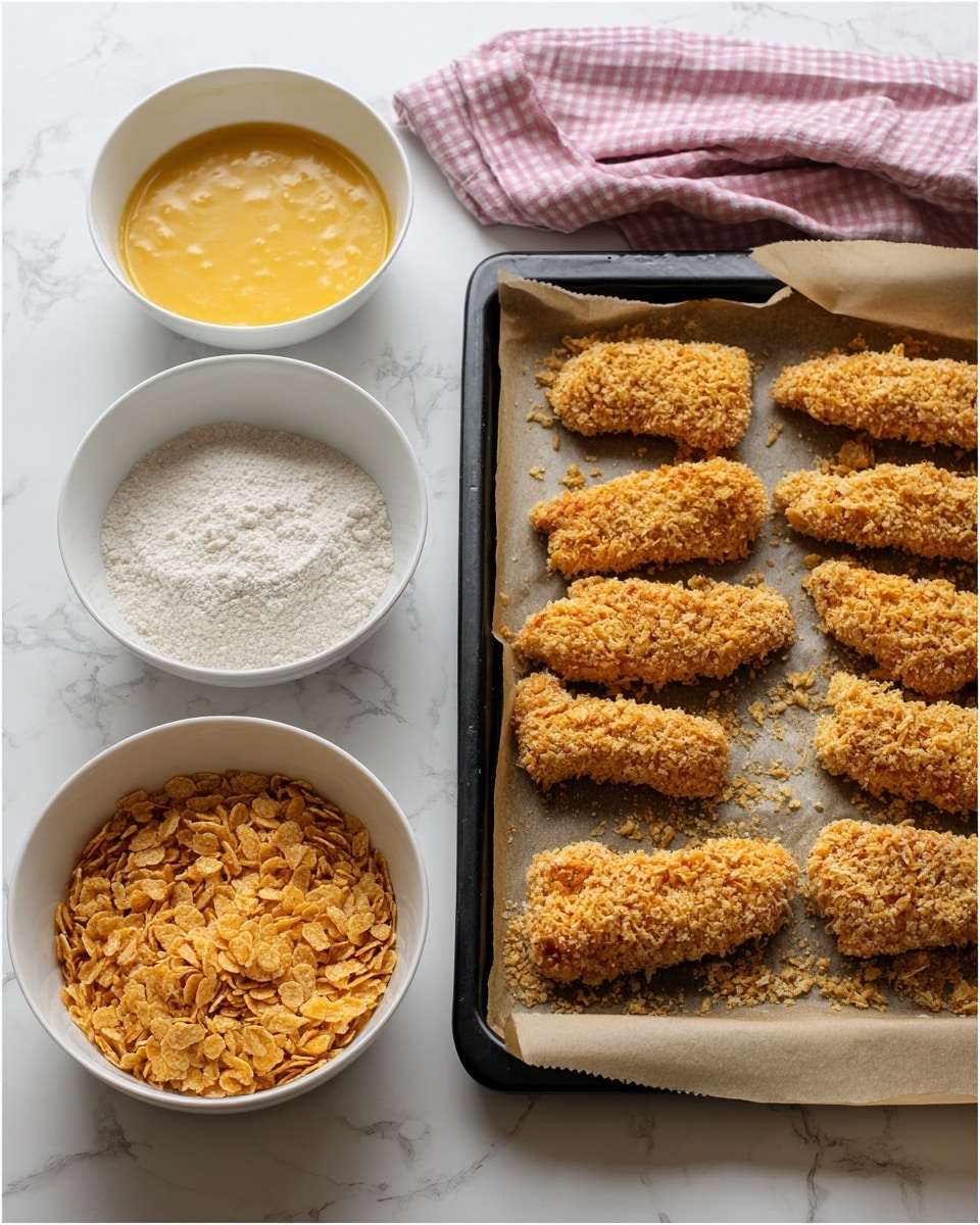 The image shows two scenes side by side on a white marbled surface. On the left, there are three white bowls: the top one contains a yellowish beaten egg mixture, the middle one is filled with white flour, and the bottom one is filled with crushed golden cornflakes with a piece of chicken coated in cornflakes resting on top. On the right, a black baking tray lined with brown parchment paper holds ten pieces of uncooked chicken coated in a crunchy golden cornflake crust, evenly spread out. A folded pink and white checked cloth is placed near the top right corner of the tray. Photo taken with an iphone --ar 4:5 --v 7