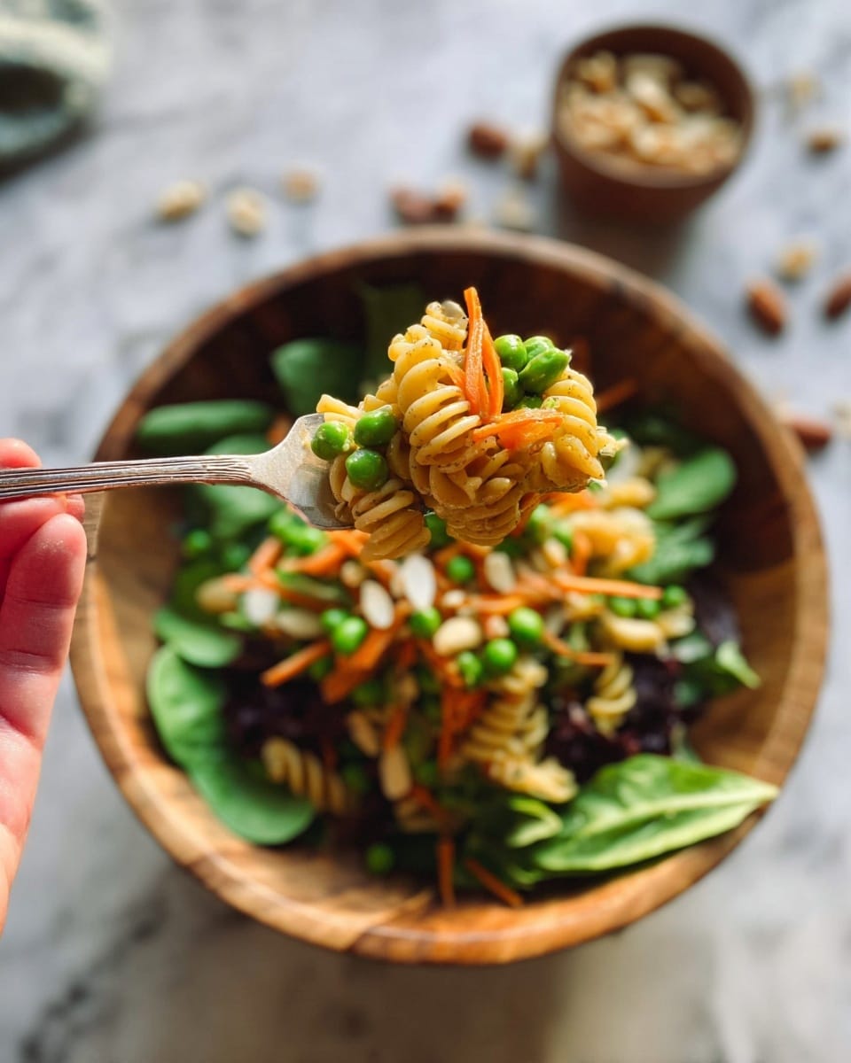 A close-up shows a woman's hand holding a long silver fork with a bite of pasta salad above a wooden bowl. The bite has light yellow spiral pasta, bright green peas, thin orange carrot strips, and small white nuts. In the bowl below, layers of leafy greens in dark and light green are mixed with more of the pasta salad ingredients. The background shows a blurred white marbled surface with some scattered nuts and a small wooden bowl. photo taken with an iphone --ar 4:5 --v 7