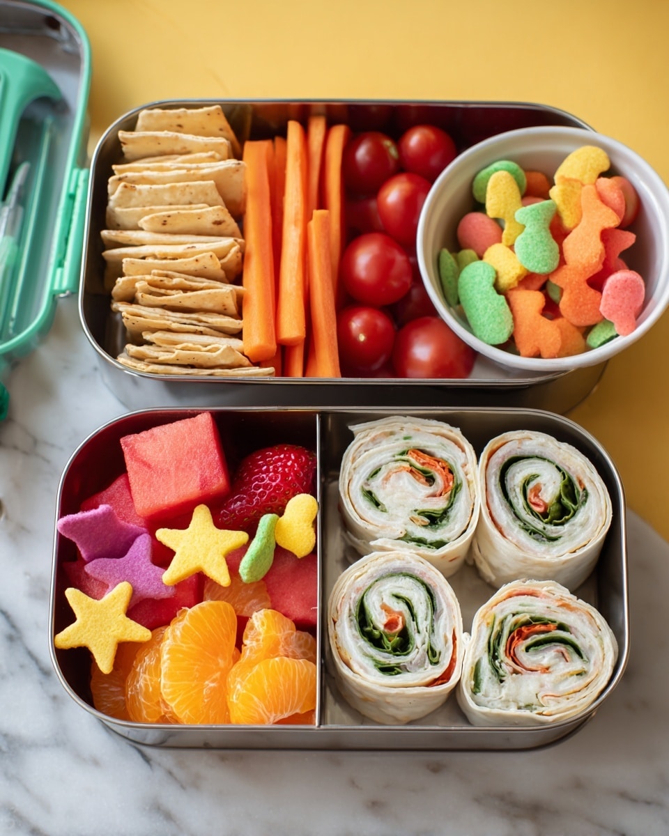 The image shows a two-section metal lunchbox on a white marbled surface with a yellow background. The top section is divided into three parts: the left section holds light tan pita chips stacked in layers, the middle has bright orange carrot sticks, and the right has round red cherry tomatoes along with a white bowl filled with multicolored fish-shaped crackers in orange, green, and yellow. The bottom section is divided into two parts: the left side has fresh fruit with a layer of pink watermelon chunks, a middle layer of red strawberries with yellow star-shaped picks, and a bottom layer of bright orange mandarin slices. The right side shows four creamy white swirl wraps filled with green, orange, and red vegetable pieces. Photo taken with an iphone --ar 4:5 --v 7