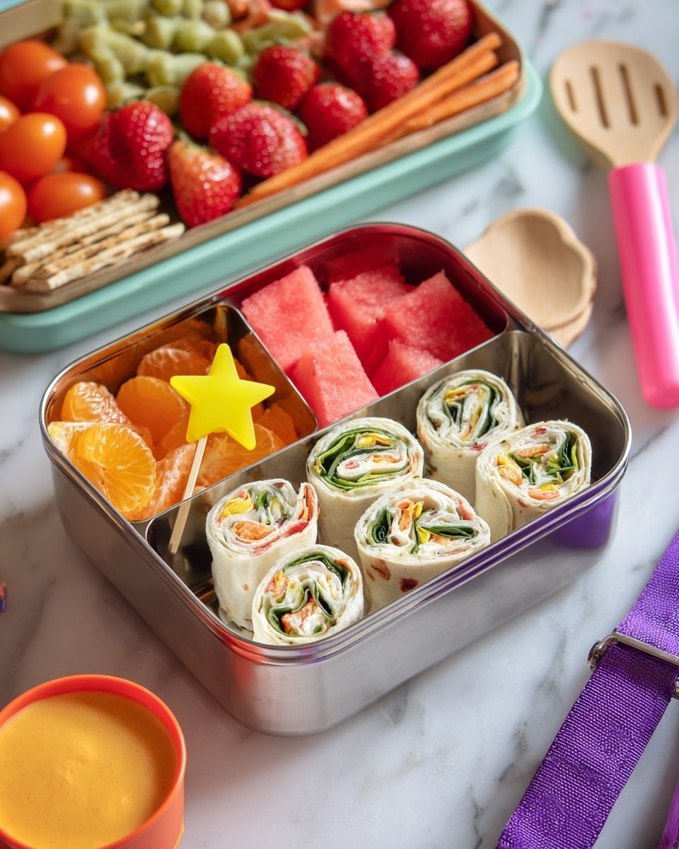 A shiny metal divided lunchbox is shown from above on a white marbled surface, with two main sections. The left section has three layers of fruit: the top layer with pink watermelon cubes, the middle layer with red strawberries pierced by a yellow star-shaped pick, and the bottom layer with bright orange mandarin slices. The right section holds four thick cream cheese wraps with visible layers of orange carrot, green spinach, and red bell pepper rolled in white tortilla. In the background on the white marbled surface is another shiny metal lunchbox filled with red cherry tomatoes, orange carrot sticks, light beige crunchy snacks, and a round cup of orange sauce. Nearby are wooden utensils, a pink kitchen tool, and part of a purple bag strap. Photo taken with an iphone --ar 4:5 --v 7