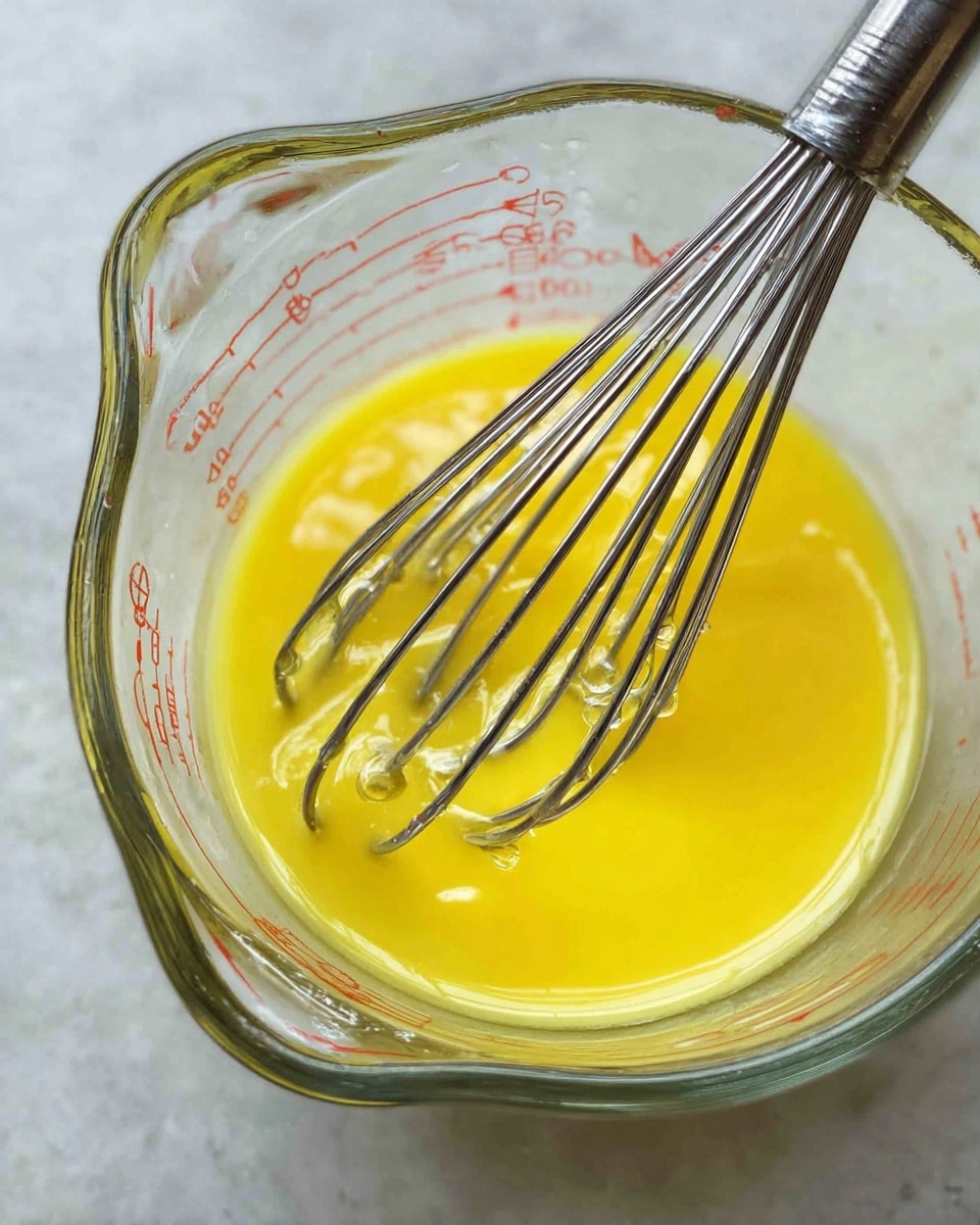 A clear glass measuring cup filled with a smooth, bright yellow liquid mixture sits on a white marbled surface. Inside the cup, a silver metal whisk with thin wires is partially dipped into the liquid, with a few drops clinging to the wires. The red measurement markings on the cup are slightly blurred. photo taken with an iphone --ar 4:5 --v 7