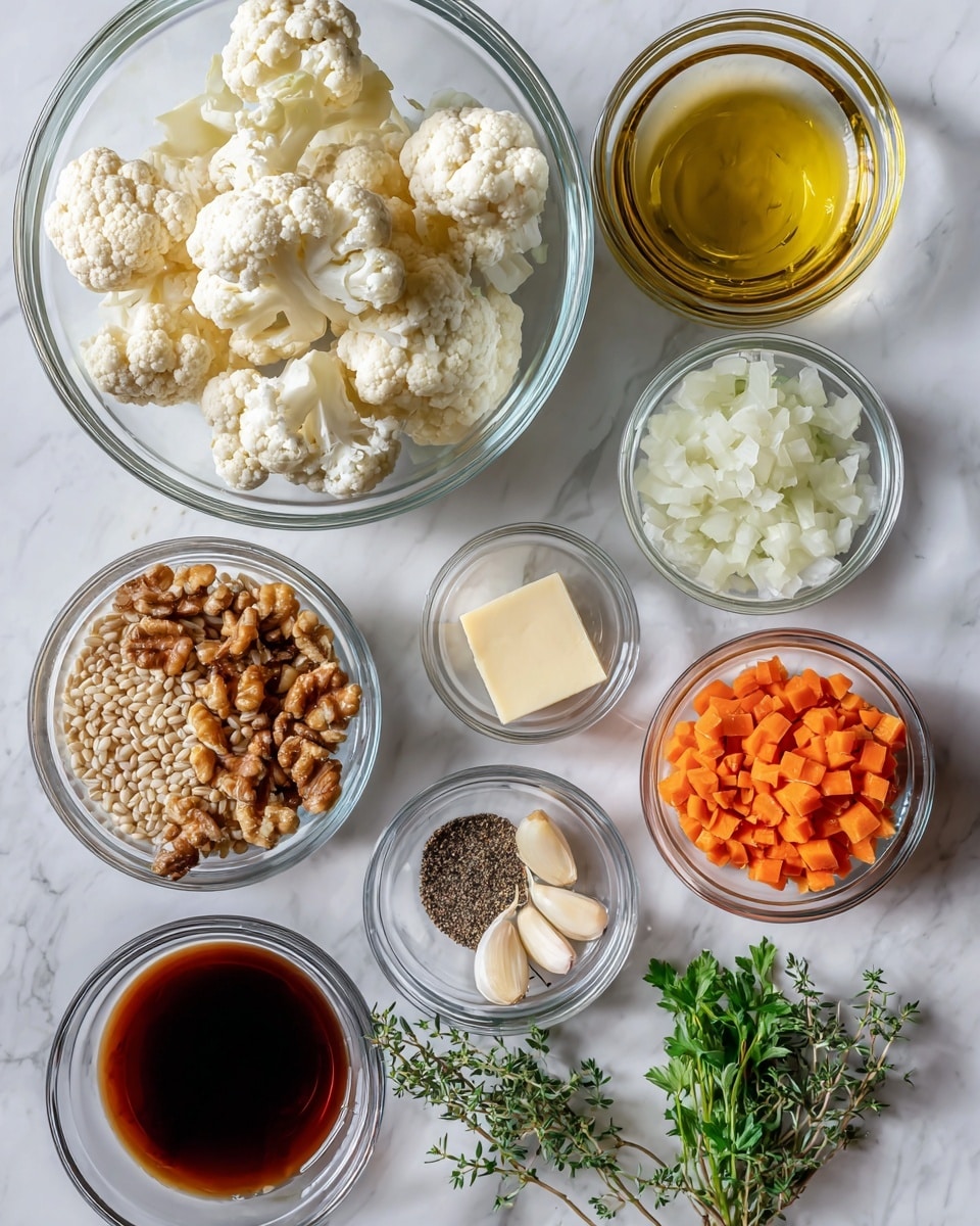 A top-down view of various cooking ingredients arranged neatly on a white marbled surface. In the upper left, a large transparent glass bowl holds white cauliflower florets. At the top right, a small glass bowl contains golden olive oil, slightly below it another bowl filled with chopped white onions. Below the onions is a tiny glass dish with a pale yellow butter cube. Moving towards the center, a small bowl with finely chopped orange carrots sits to the right. In the middle left, a glass bowl contains uncooked barley grains, and above it, a tiny bowl holds three peeled garlic cloves. Next to the garlic, a small container filled with black pepper and salt is visible. At the center bottom, a clear glass bowl holds a dark brown broth, and beside it, there is a smaller glass with dark red wine vinegar. On the lower left, a small glass bowl is filled with chopped walnuts that are light brown. To the bottom right, fresh green parsley sprigs and thyme are placed in a small glass container. All the items are in clear glass containers that show the colors and textures vividly, positioned on the smooth white marbled background. Photo taken with an iphone --ar 4:5 --v 7