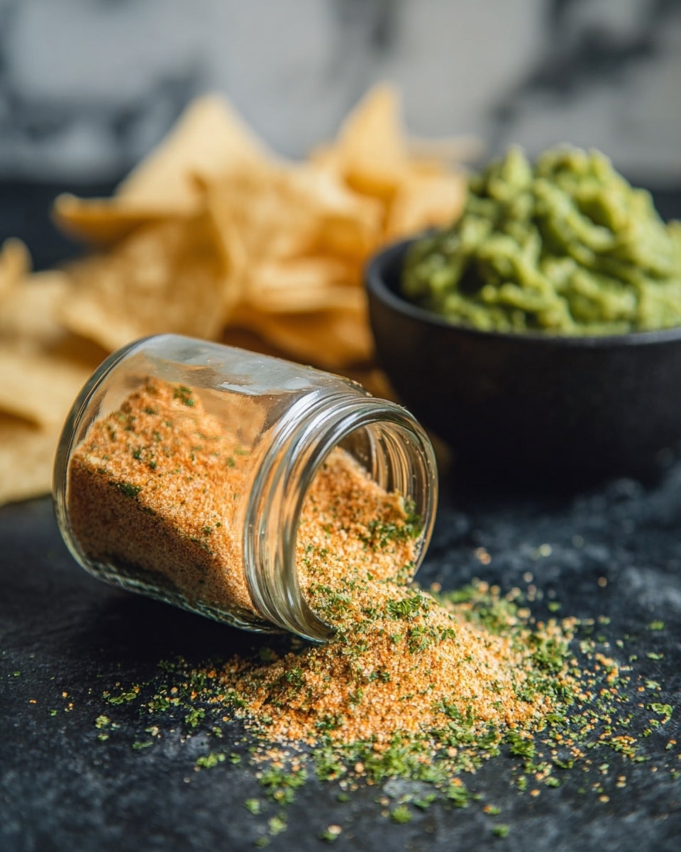 A clear glass jar lies on its side on a dark surface, spilling a light orange seasoning mix speckled with green herbs onto the surface. Behind the jar, there is a mound of bright green guacamole in a black bowl, softly blurred in the background. Scattered around the jar and guacamole, there are light yellow tortilla chips, also out of focus. The scene is set against a white marbled texture photo taken with an iphone --ar 4:5 --v 7