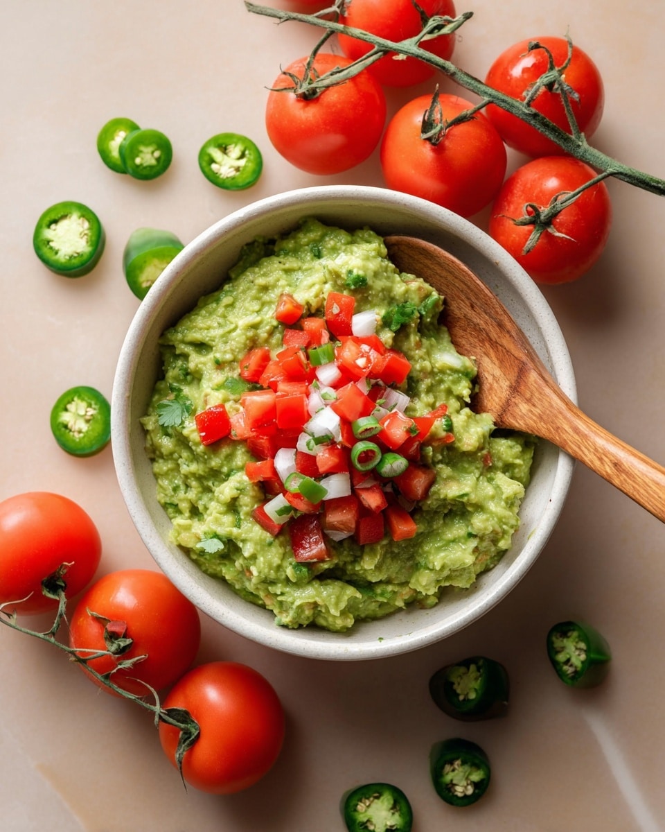 A white bowl filled with a chunky green guacamole paste as the bottom layer, topped in the center by a layer of small bright red tomato cubes, finely chopped white onion pieces, and small green chili pieces. A wooden spoon rests inside the bowl on the right side. Around the bowl on a white marbled surface are fresh red tomatoes on the vine and scattered green chili slices. Photo taken with an iphone --ar 4:5 --v 7