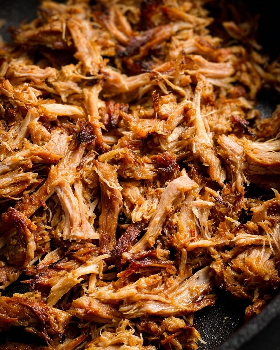 This close-up image shows a pile of shredded cooked meat with a mix of light brown and darker golden brown colors, highlighting the texture of crispy and tender parts. The meat strands are unevenly layered, with some pieces appearing stringy and others chunkier, filling the entire frame. The background is a black pan that is partially visible under the meat, providing contrast to the warm tones of the cooked meat. Photo taken with an iphone --ar 4:5 --v 7