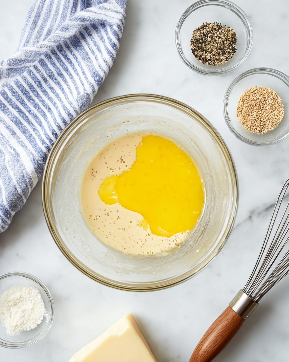 A clear glass bowl sits in the center on a white marbled surface, containing two main layers: a light beige creamy mixture forming the base, topped with a bright yellow liquid layer spread unevenly over it. Around the bowl, on the white marbled surface, are small clear glass bowls with various dry ingredients, including white sesame seeds and an everything seasoning mix, along with a chunk of light beige cheese and a metal whisk with a wooden handle placed nearby. A striped blue and white cloth is folded and placed in the top left corner. photo taken with an iphone --ar 4:5 --v 7
