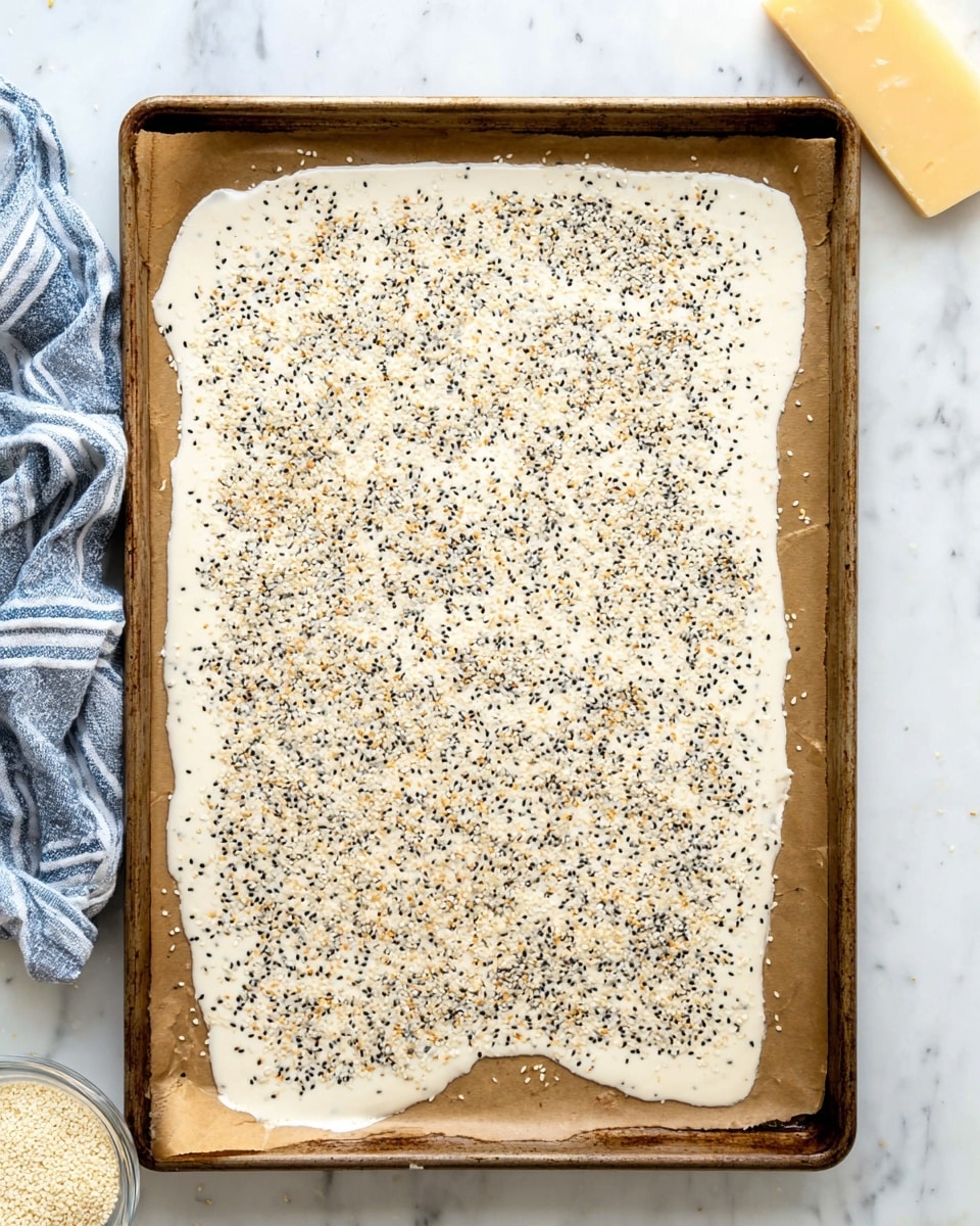 A baking sheet holds one large, uneven layer of white, creamy mixture spread over brown parchment paper, topped evenly with a mix of black and white sesame seeds and small bits of light brown seasoning, creating a speckled texture. The edges of the creamy layer are irregular and slightly thin in some parts, with a few spills on the parchment. The baking sheet rests on a white marbled surface. Nearby are a blue and white striped cloth on the left, a piece of light yellow cheese in the top right corner, and a small glass bowl of white sesame seeds at the bottom left. Photo taken with an iphone --ar 4:5 --v 7