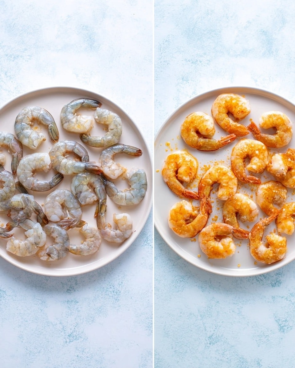 The image shows two side-by-side white plates on a white marbled texture. The left plate holds raw shrimp arranged evenly, showing a mix of grey, pale blue, and white tones with some translucent textures. The shrimp are curved with visible veins and shell segments. The right plate contains cooked shrimp, neatly placed with a bright orange color, slightly shiny texture, and some marinade or seasoning visible on the plate. Both plates have about 20 shrimp each, and the overall scene is bright and clean. Photo taken with an iphone --ar 4:5 --v 7