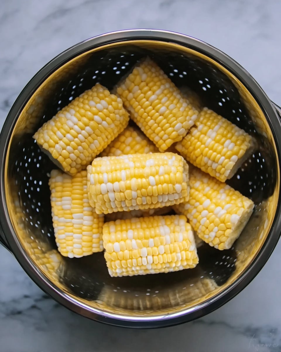 The image shows eight pieces of yellow and white corn on the cob arranged inside a shiny dark metal pot, with the corn placed in a loose circular formation on the pot's bottom. Each piece is short and thick, with smooth kernels that have a mix of yellow and white colors spread evenly. The inside of the pot has a dotted pattern and reflects light softly. The whole scene is set on a white marbled surface. photo taken with an iphone --ar 4:5 --v 7