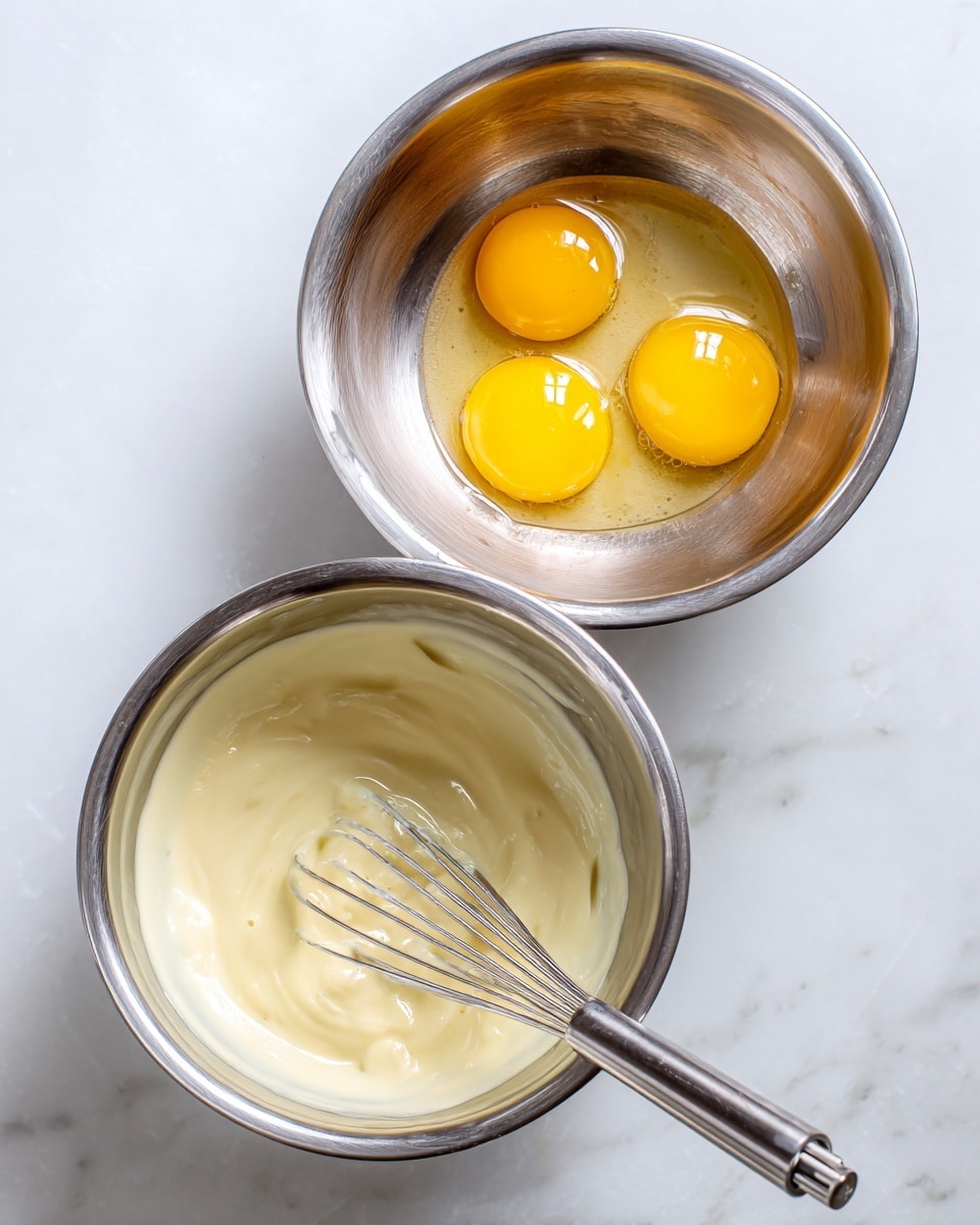 The image shows two stainless steel mixing bowls placed on a white marbled surface. The top bowl contains two raw egg yolks and clear egg whites, with the yolks bright yellow and positioned near the center, surrounded by the shiny and slightly thick egg whites. The bottom bowl has a smooth light cream-colored mixture with thin texture, and a silver whisk is resting inside, partly covered in the creamy mixture. The light reflects softly on the metal bowls and whisk, creating a clean and simple cooking scene photo taken with an iphone --ar 4:5 --v 7