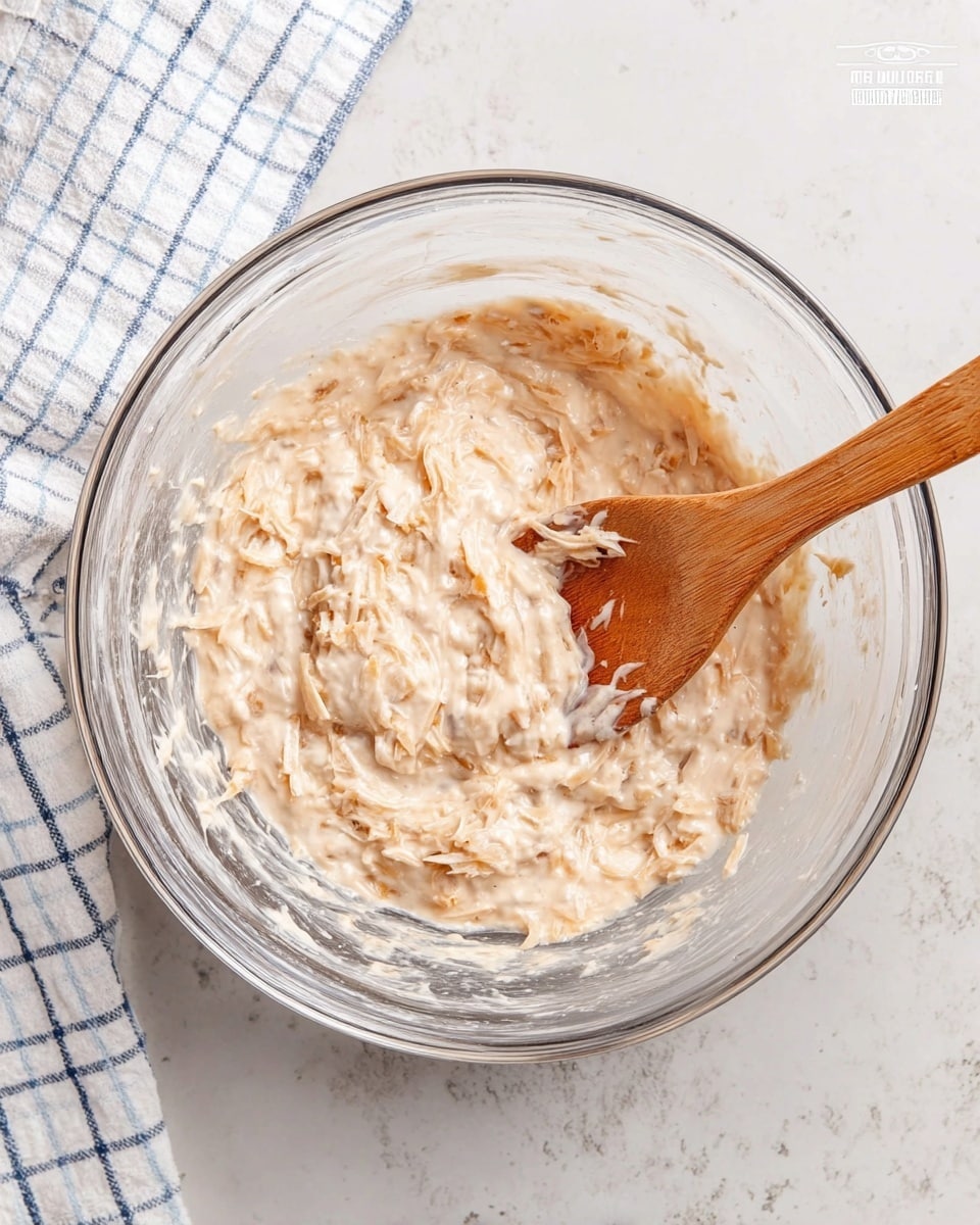 A clear glass bowl is filled with a creamy, light beige mixture that looks thick and slightly chunky, with visible bits of shredded ingredients blended throughout. A wooden spoon with a smooth texture and a long handle is partially immersed in the mixture, resting on the right side of the bowl. The bowl is set on a surface with a white marbled texture, and a white and blue checkered cloth is placed to the upper left of the bowl. Photo taken with an iphone --ar 4:5 --v 7