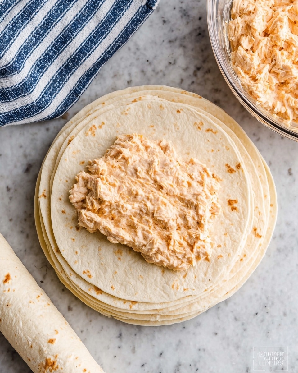 The image shows a stack of several soft, round, light beige tortillas placed on a white marbled surface. On top of the upper tortilla, there is a thick, uneven layer of a creamy, pale orange-tinted chicken mixture spread in a horizontal line across the center. To the right, there is a clear glass bowl containing more of the same creamy chicken mixture. To the left edge of the image, a rolled tortilla is visible, displaying the even, soft texture of the flatbread. A blue and white striped cloth is partially seen at the top left corner. Photo taken with an iphone --ar 4:5 --v 7
