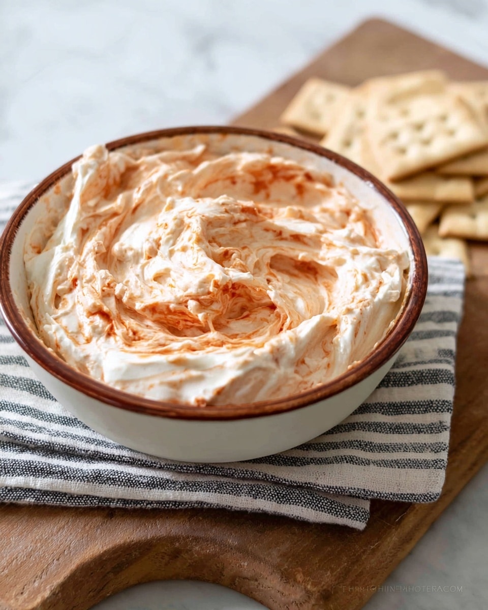 A white bowl with a brown rim holds a creamy dip with two visible layers swirled together: one layer is thick and white, smooth with soft peaks, and the other is a reddish-orange, slightly textured and streaked throughout the white. The bowl sits on a gray and white striped cloth napkin over a wooden board, with light tan, rectangular crackers placed in the background on the right side. The scene is set on a white marbled surface. Photo taken with an iphone --ar 4:5 --v 7