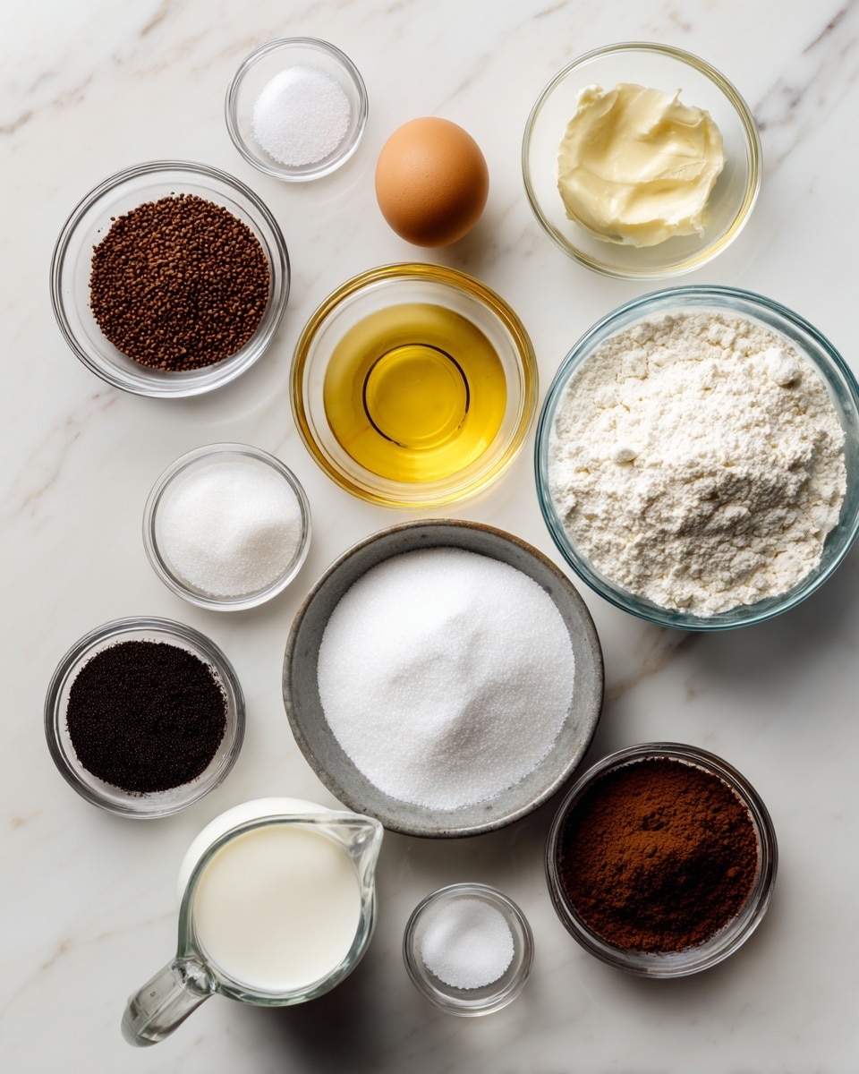 The image shows a white marbled surface with small clear glass bowls and containers holding different ingredients neatly placed across it. At the center bottom, there is a round metal bowl filled with white sugar. To the top left, there is a small glass bowl with brown coffee granules, and nearby, a small bowl with salt. Above the sugar bowl, an egg sits on the surface. To the right of the egg, there is a glass bowl with a golden liquid labeled oil. On the far right, there is a large clear glass bowl filled with white flour. Below that are smaller bowls holding dark brown cocoa powder and white baking powder and baking soda. At the bottom left of the image, there is a small glass pitcher filled with milk, with a small bowl next to it labeled vanilla. The whole scene is bright and clean, arranged carefully on the white marbled surface. photo taken with an iphone --ar 4:5 --v 7
