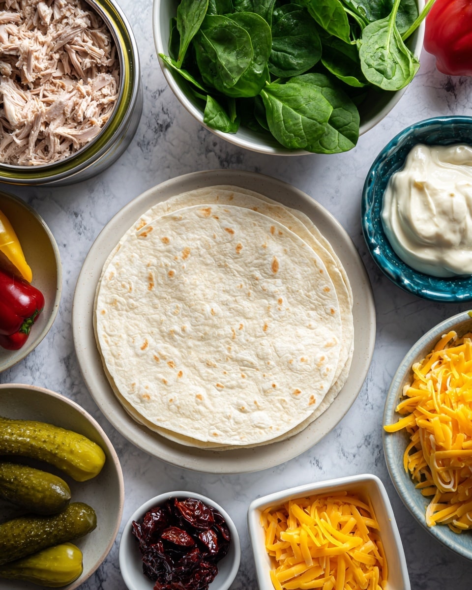 The image shows a white wheat tortilla wrap placed on a white marbled surface, surrounded by small white bowls and plates containing the ingredients for the wrap. There is a bowl of bright green fresh spinach leaves positioned top center, a bowl of shredded yellow cheddar cheese at the bottom right, and a pile of creamy white mayo in a square dish at the top right. A small blue bowl holds dark red sundried tomatoes near the top center. Toward the left, there is a plate with two green gherkins (pickles) and a piece of red bell pepper. At the far left, an open can filled with light pink tuna sits partially visible. The whole setting is neat and colorful, with each ingredient clearly separated and easy to see. photo taken with an iphone --ar 4:5 --v 7