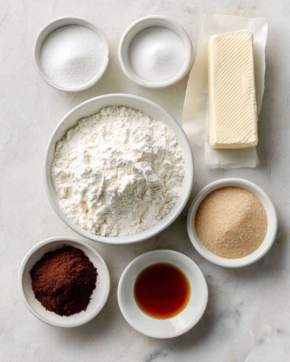 The image shows seven small white bowls and a white stick of butter arranged on a white marbled surface. In the center, a bowl is full of white gluten-free flour with a light, powdery texture. Above it, two smaller bowls hold white granulated salt and baking soda, both fine powders. To the right of the flour, the white bowl contains light brown granulated sugar, showing a grainy texture, and above it lies a stick of butter wrapped in paper. Below the flour, a bowl has dark brown cocoa powder with a soft, fine texture. Next to it, a small white bowl holds dark amber vanilla extract with a smooth, liquid surface. All items are spaced evenly in a clean, bright setting. Photo taken with an iphone --ar 4:5 --v 7