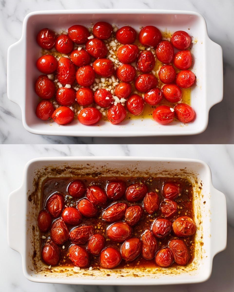 A white rectangular dish is shown in two images side by side. In the first image, the dish is filled with a single layer of bright red cherry tomatoes evenly spread out with small bits of finely chopped white garlic scattered over the top, resting on a white marbled surface. In the second image, the same dish contains the cherry tomatoes after roasting; the tomatoes are wrinkled, slightly darkened in places, and sitting in a shiny, oily brown-red sauce, with the small garlic pieces now softened and mixed into the sauce. Photo taken with an iphone --ar 4:5 --v 7