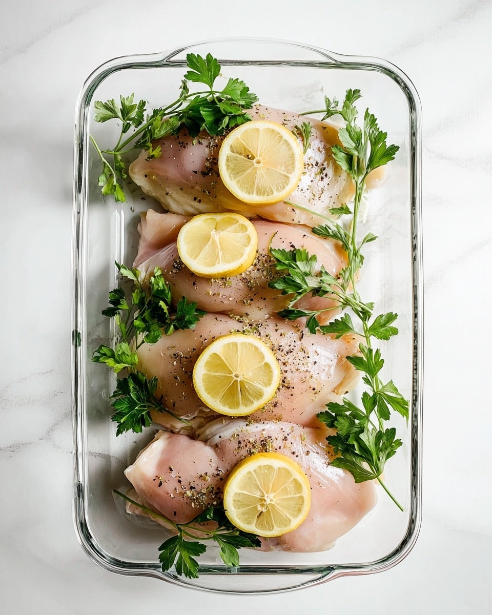 The image shows a clear glass baking dish with four raw pink chicken pieces laying flat inside. Between and under the chicken pieces, there are several light yellow lemon wedges arranged evenly. On top of each piece and around the dish, fresh bright green parsley sprigs rest naturally. The chicken is sprinkled with dark black pepper, adding small specks across the surface. The dish sits on a white marbled surface that adds a clean and bright backdrop to the scene. photo taken with an iphone --ar 4:5 --v 7
