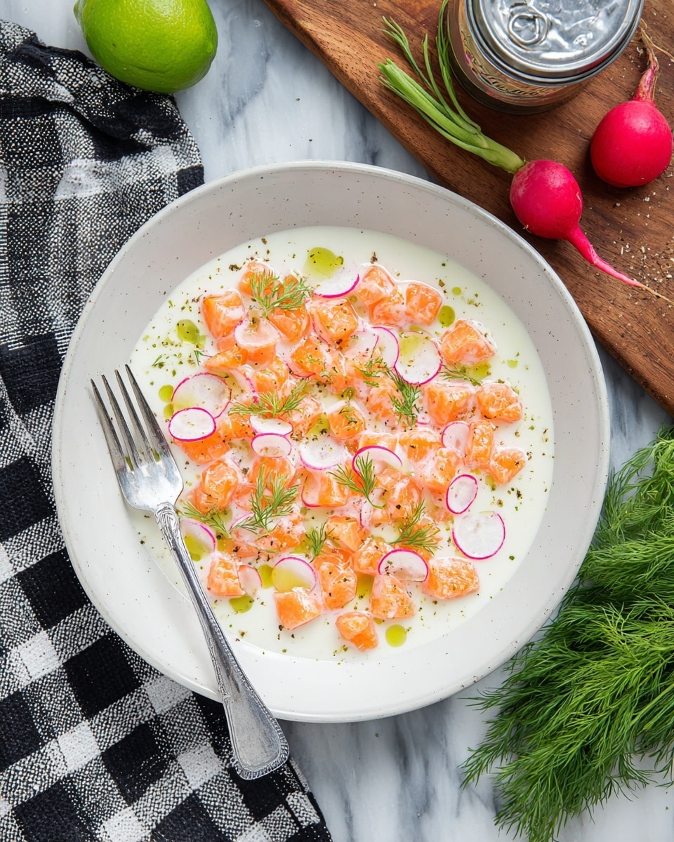 A white shallow bowl is filled with a creamy white sauce that covers the bottom layer. On top, there are many small orange cubes of raw fish mixed with thin slices of light pink radish, scattered evenly. Fresh green dill sprigs are placed on top, along with small drops of green oil and a light sprinkle of black pepper and lime zest. A silver fork rests on the left edge of the bowl. The bowl sits on a white marbled surface, with a black and white checkered cloth folded to the upper left, a green lime, a red radish, and a metal can on the upper right, plus a bunch of dill on the bottom right. Photo taken with an iphone --ar 4:5 --v 7
