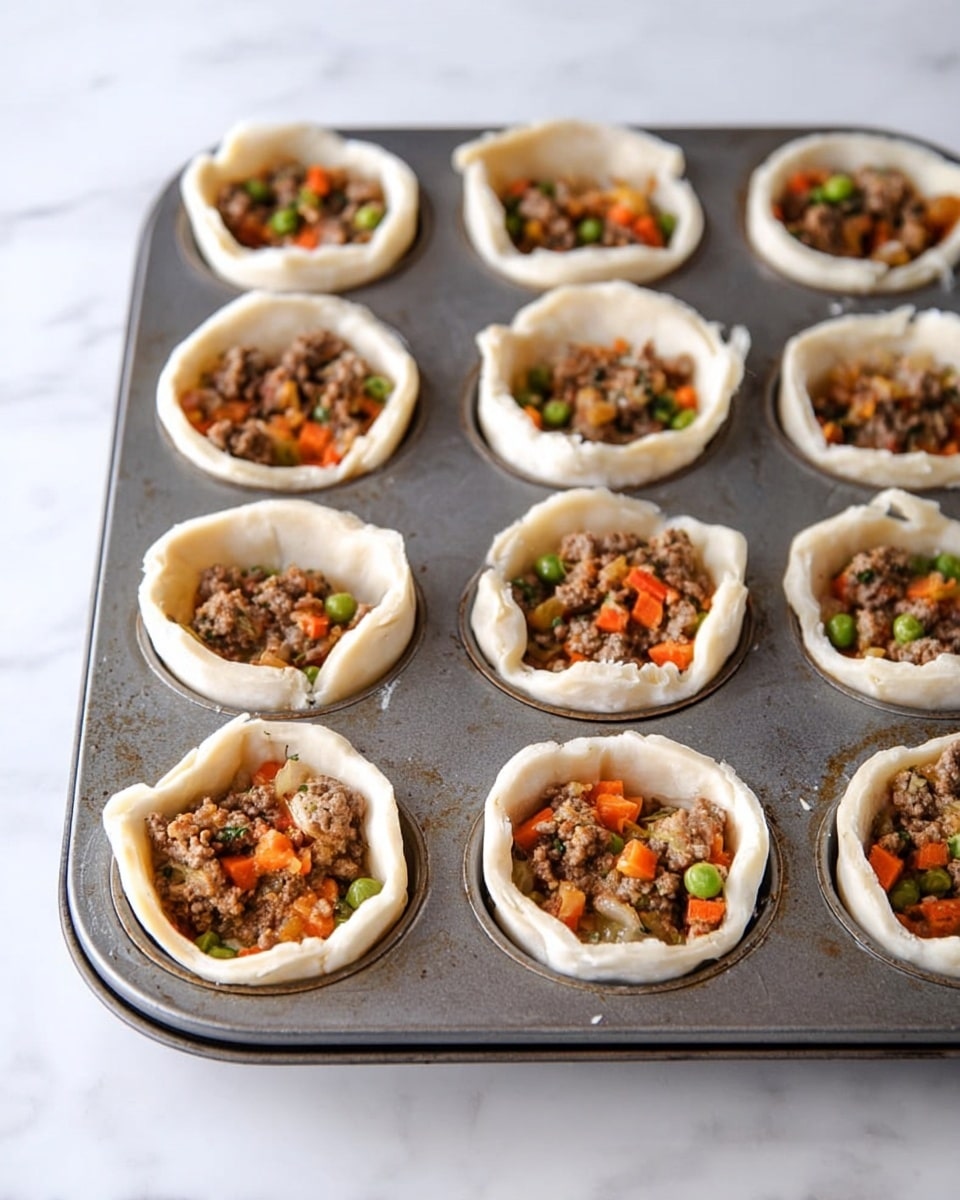 A metal muffin tin holds twelve small pies, each with a thick white dough layer forming a cup shape inside the tin, surrounding a mixture of cooked ground meat, diced orange carrots, and green peas. The dough edges are uneven and slightly folded over, creating a rustic look. The filling is chunky and moist, sitting just below the dough rim. The muffin tin rests on a white marbled surface, and the scene is lit with soft natural light from above. photo taken with an iphone --ar 4:5 --v 7