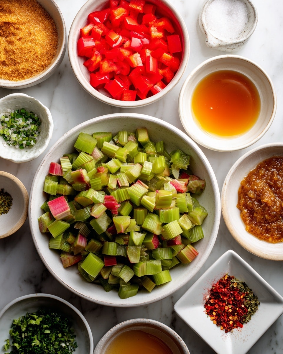 A top view of several small white bowls arranged on a white marbled surface, each holding different ingredients. The largest white bowl in the center is filled with chopped green rhubarb pieces with hints of red skin. Surrounding it are smaller white bowls containing bright red diced bell peppers, a golden brown granulated substance, white granulated sugar, a thick amber liquid, a light brown creamed brown sugar, finely chopped green herbs, minced garlic in a small white bowl, and a small white square dish with red pepper flakes and white salt. The colors vary from green, red, brown, amber, and white, creating a colorful and fresh display. photo taken with an iphone --ar 4:5 --v 7